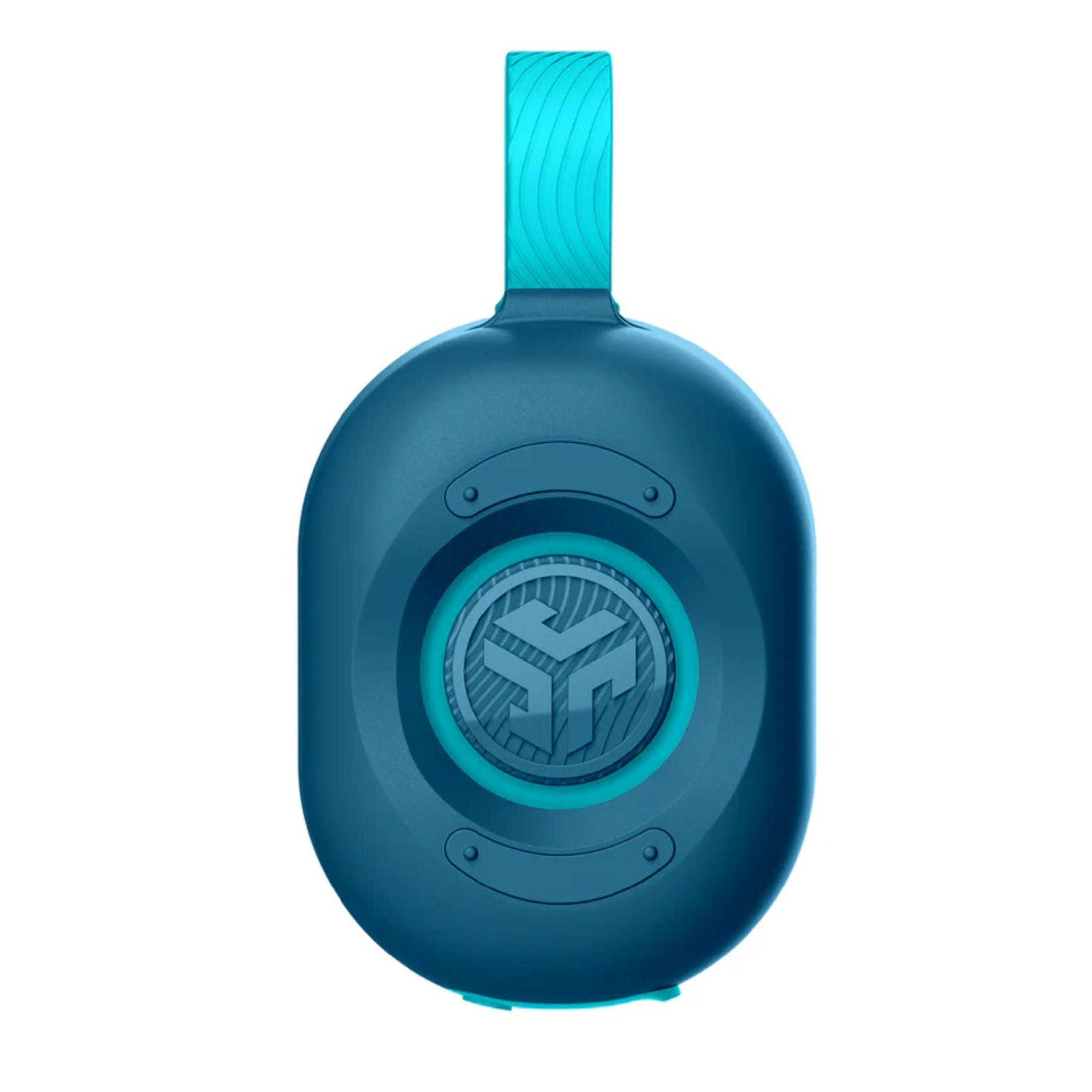 Casque bleu foncé avec sangle turquoise et logo.