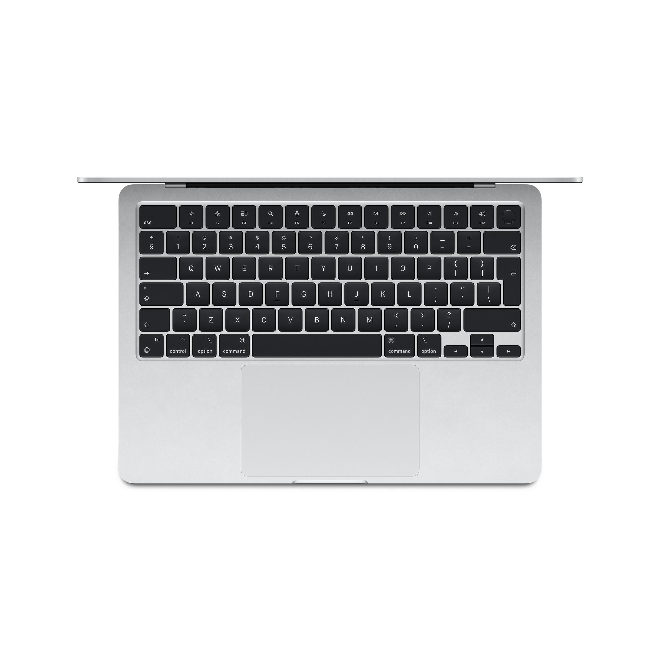 Ein silberner Laptop mit beleuchteter Tastatur, Ansicht von oben.