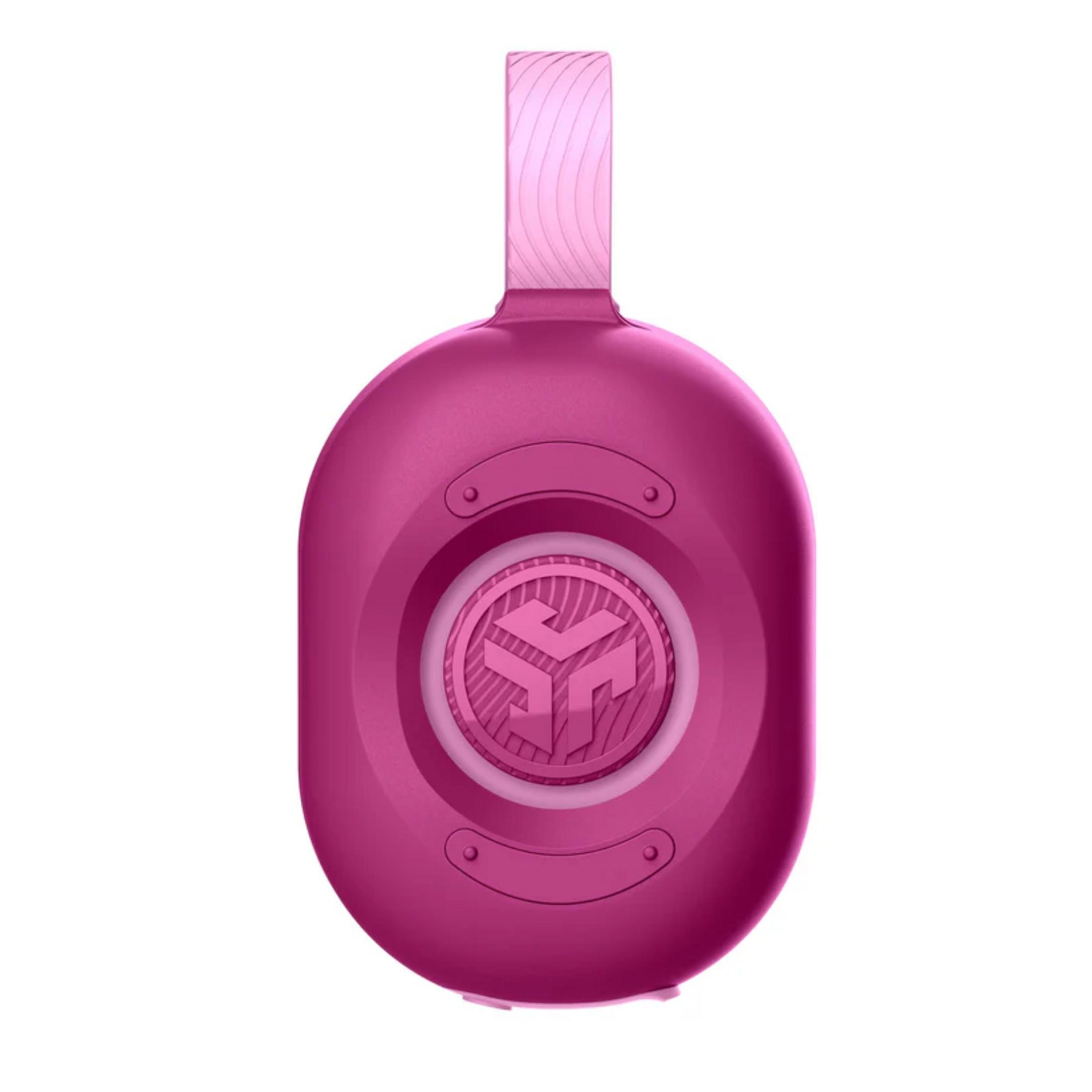 Un écouteur JLab Go Air Pop rose avec un logo au centre.