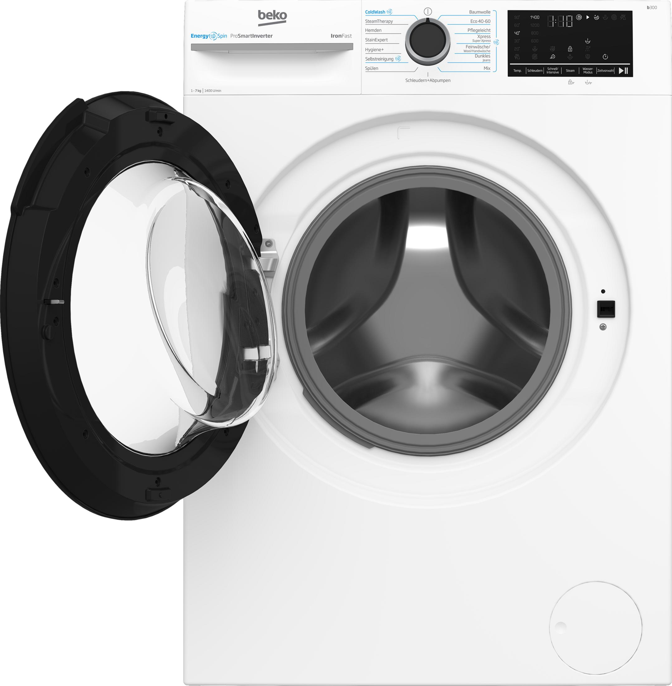Eine weiße Beko-Waschmaschine mit geöffneter schwarzer Tür und Trommel.