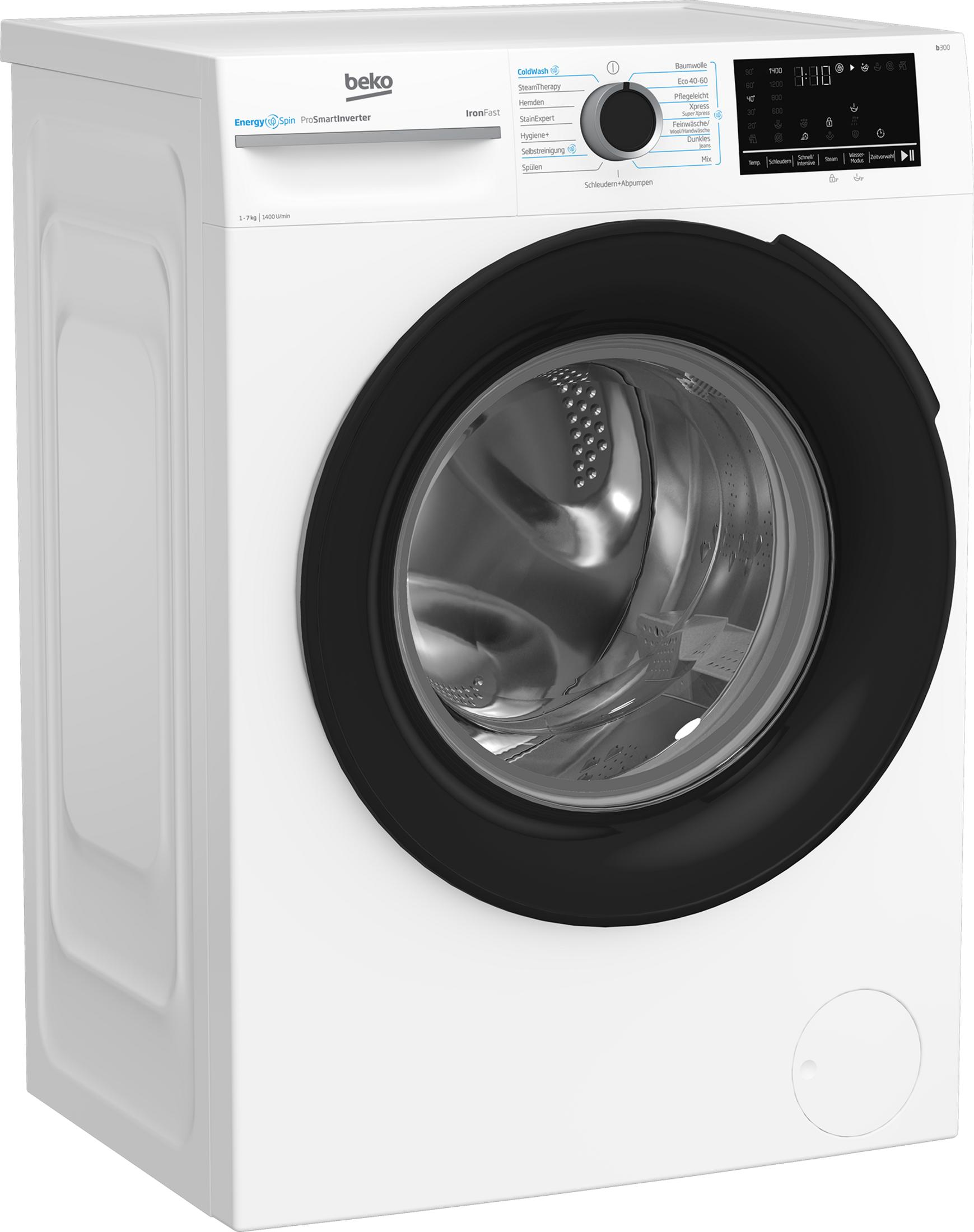 Eine weiße Beko-Waschmaschine mit schwarzer Tür und Bedienfeld. Links ist sie geschlossen, rechts die offene Trommel.