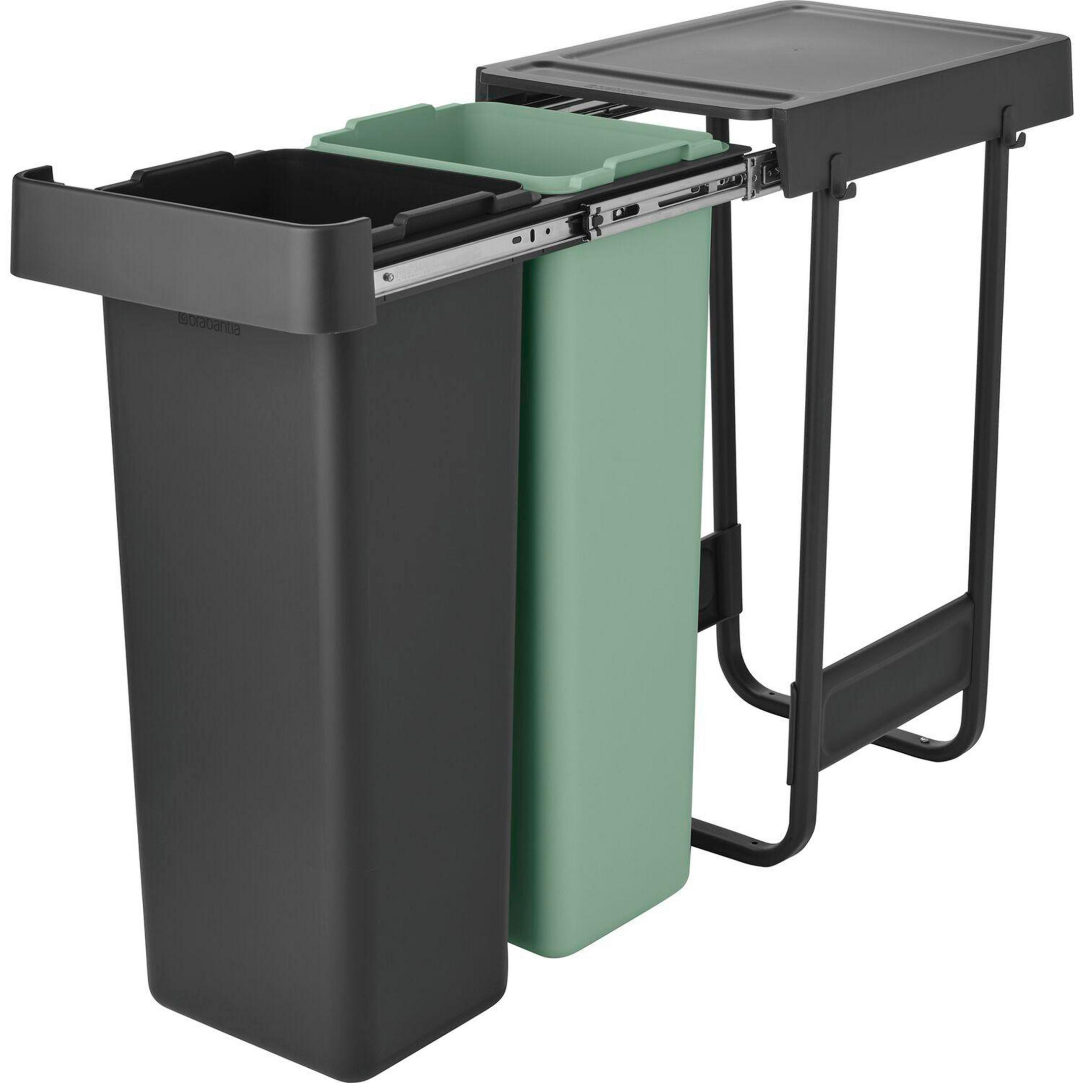 Une poubelle coulissante à deux compartiments, noire et verte.