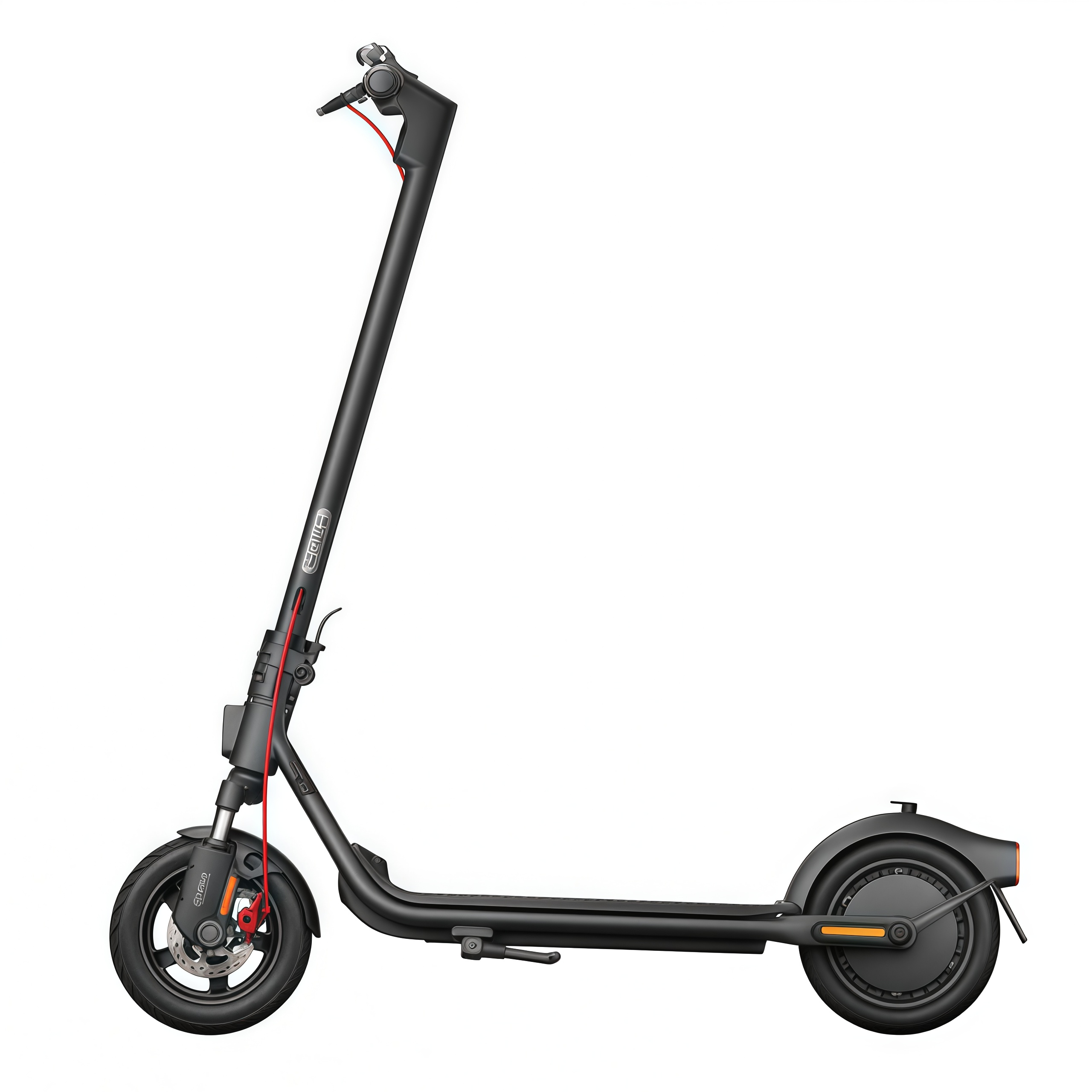 Monopattino elettrico nero con accenti rossi, vista laterale, su sfondo bianco.