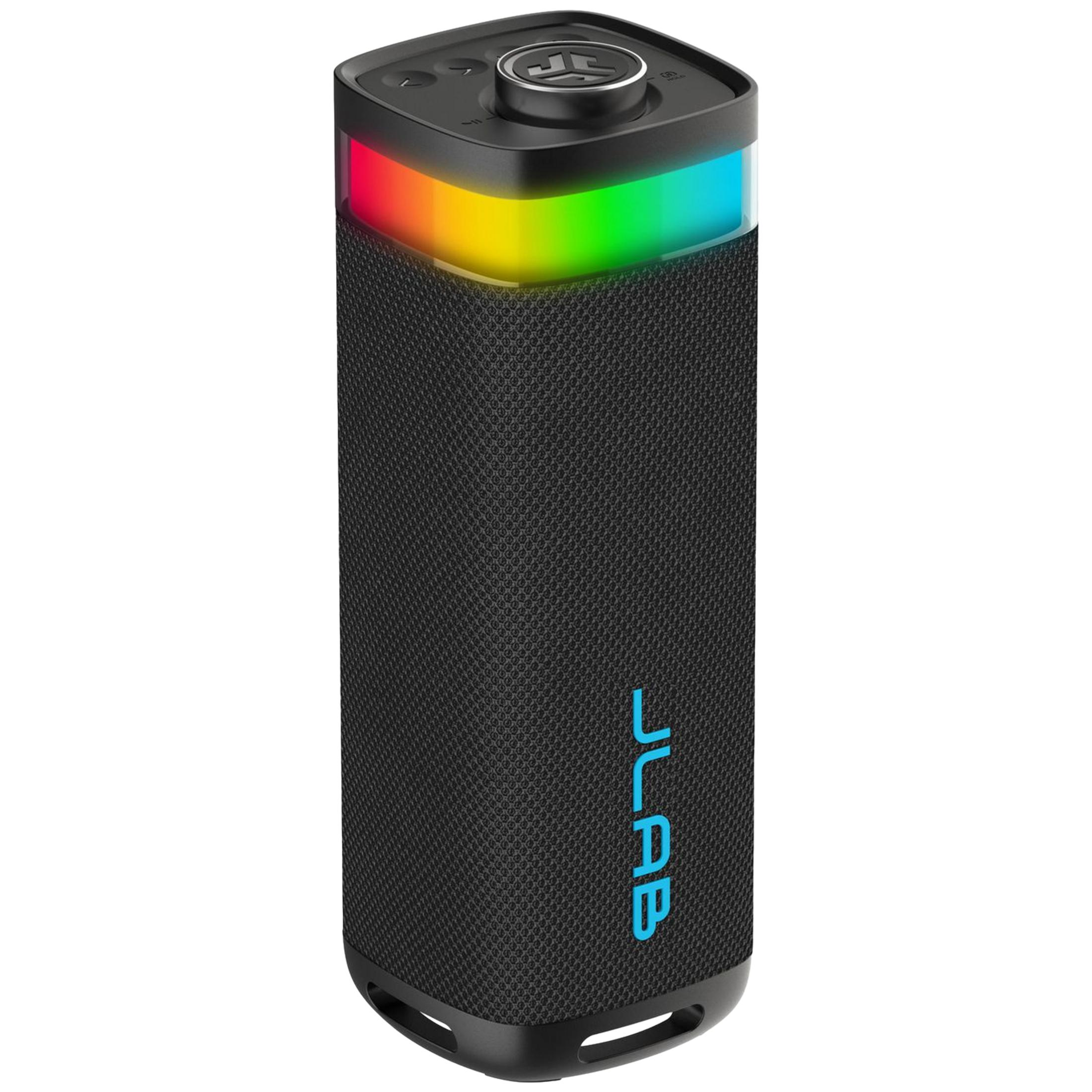 Altoparlante nero con illuminazione LED arcobaleno e logo blu.