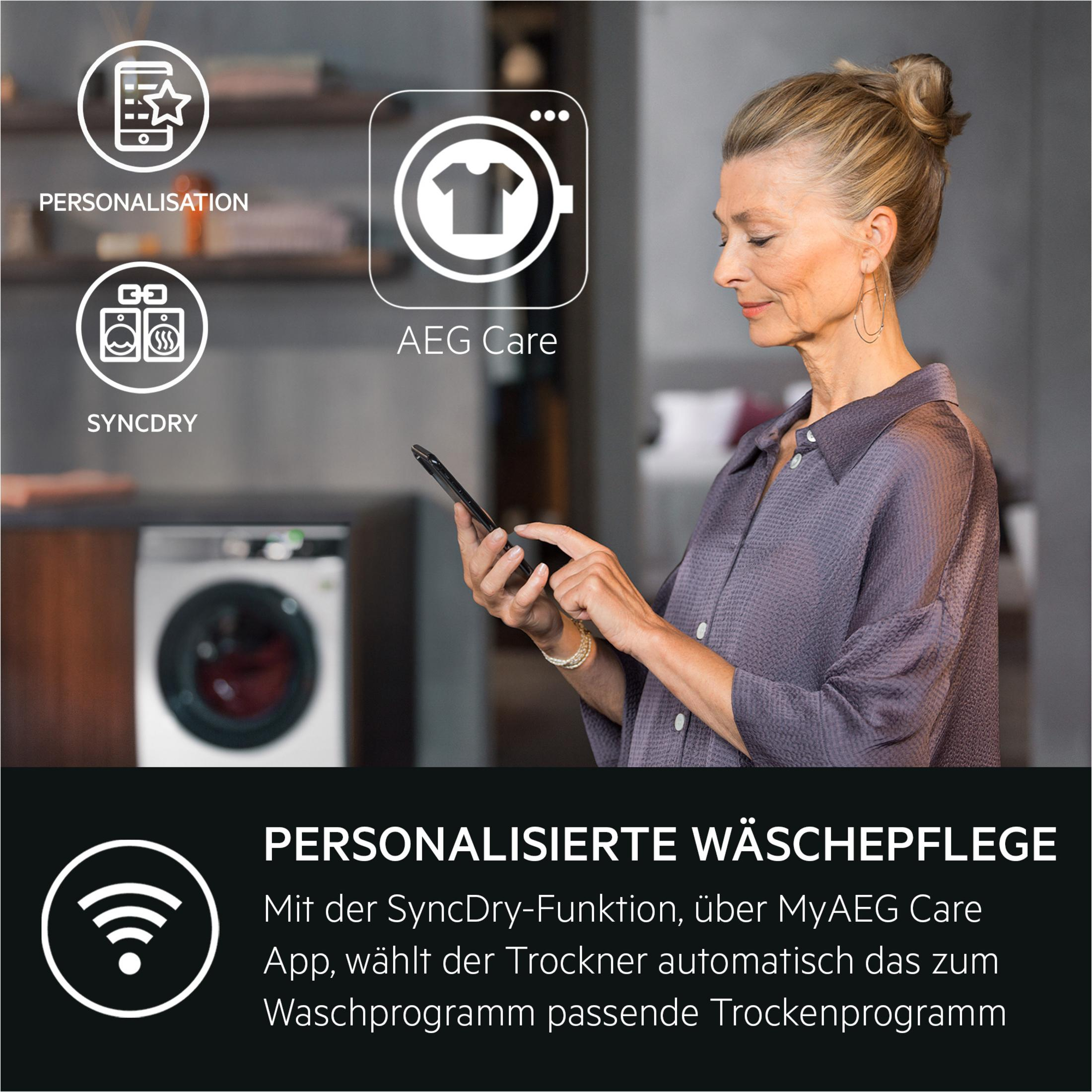 Frau bedient Smartphone vor Waschmaschine mit Icons: Personalisierung, SyncDry, AEG Care.