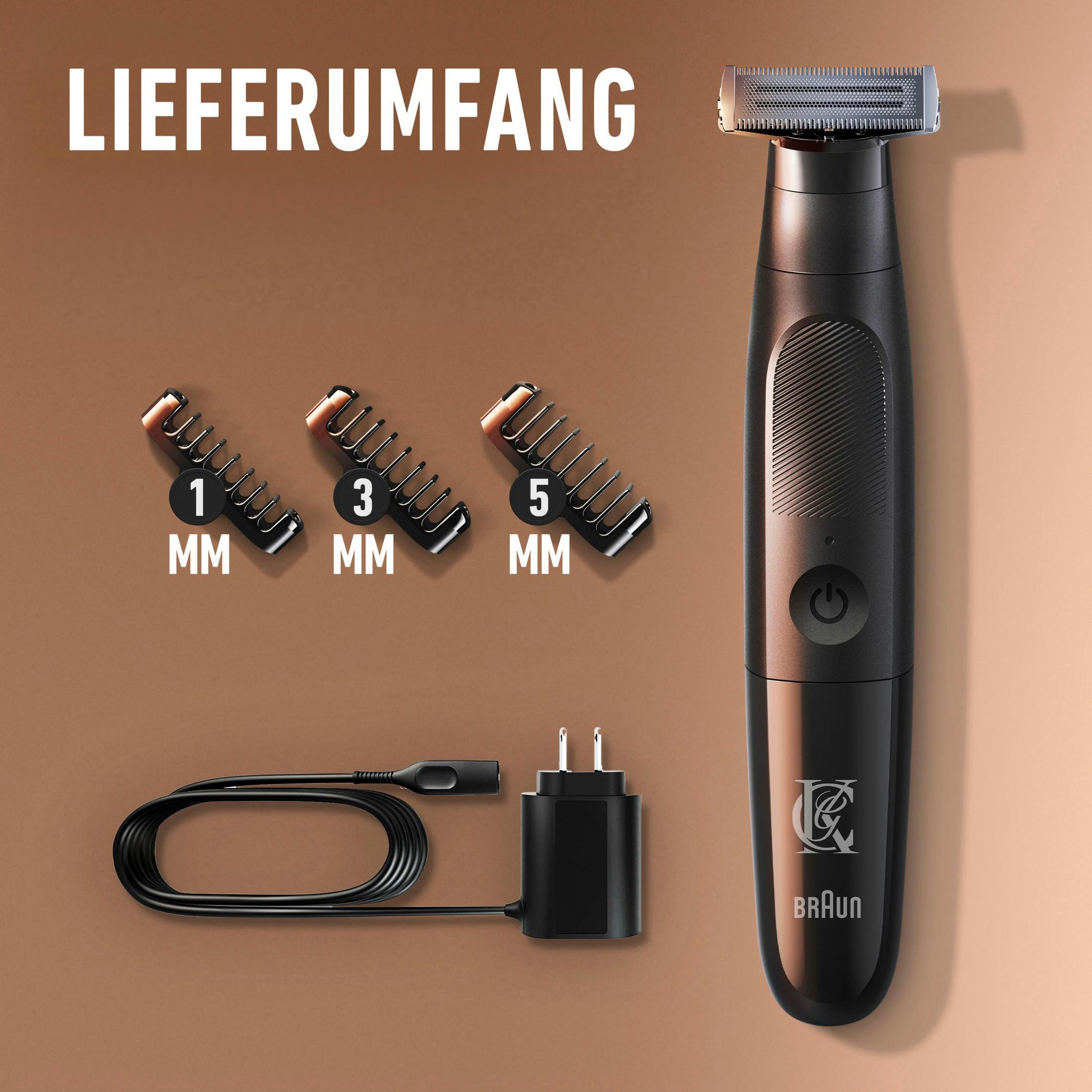 Ein schwarzer Trimmer mit Aufsätzen (1, 3, 5 mm) und Ladekabel.