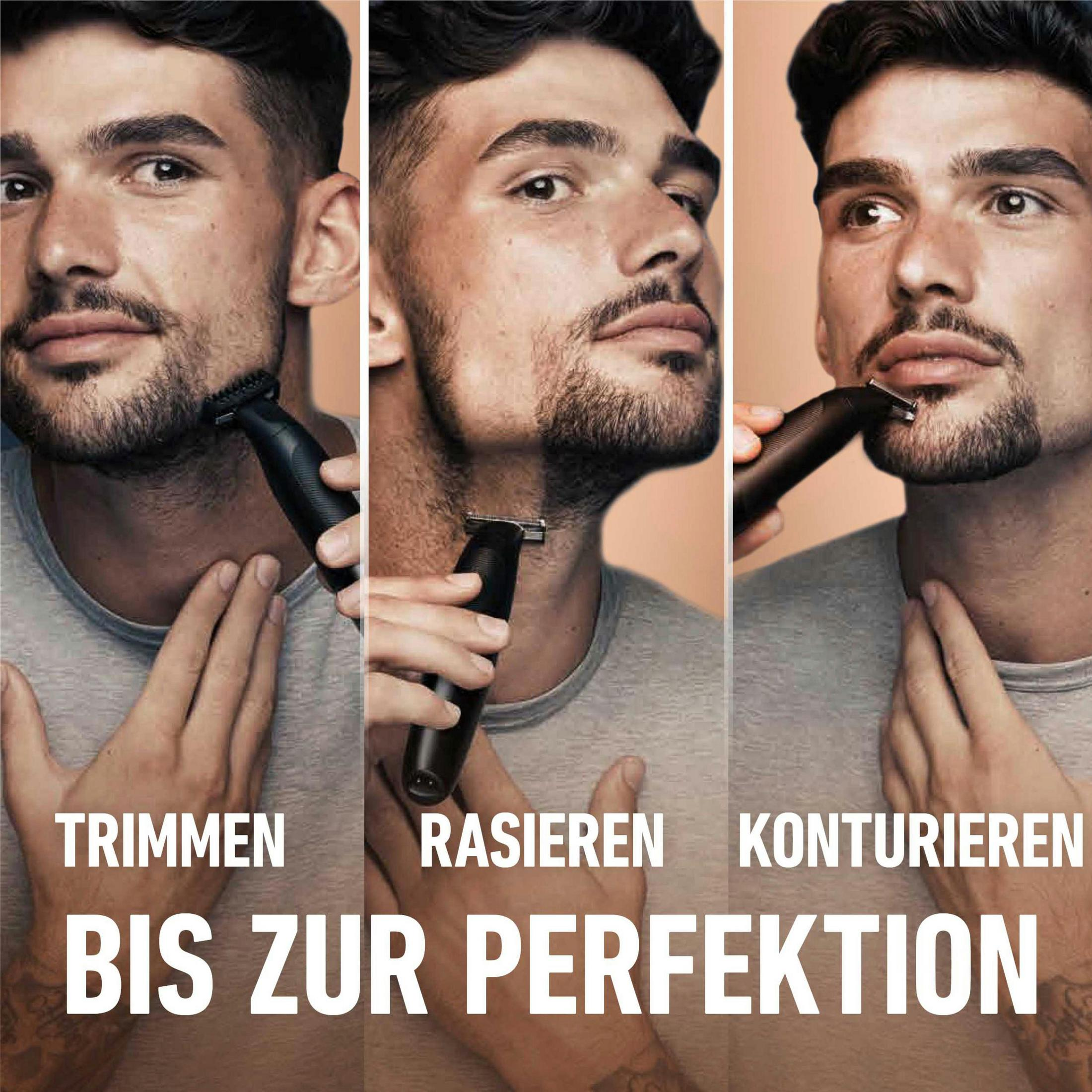 Ein Mann trimmt, rasiert und konturiert seinen Bart mit einem Trimmer.