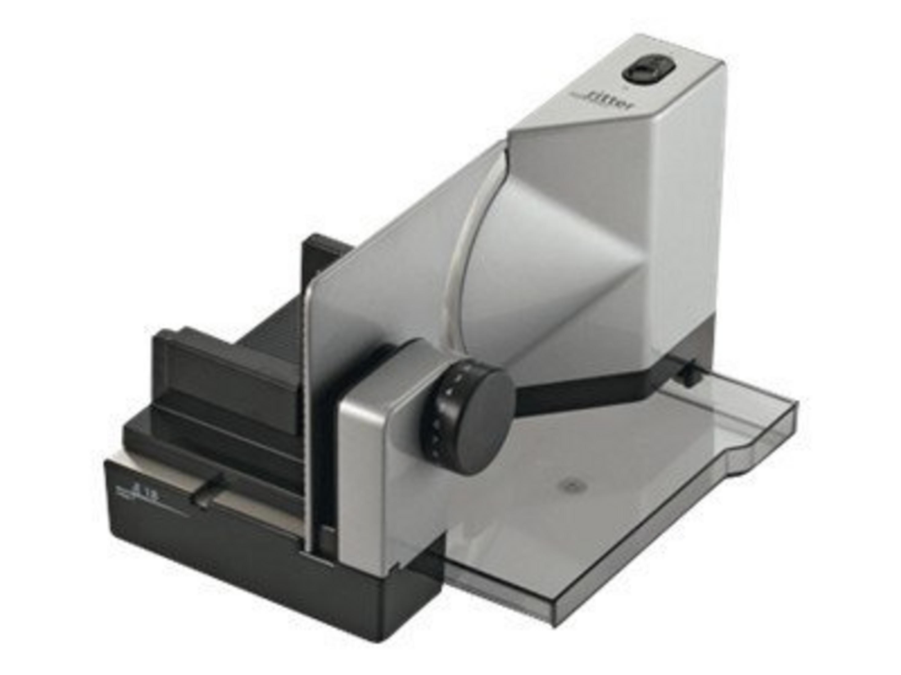 Affettatrice elettrica argento con manopola nera e supporto.