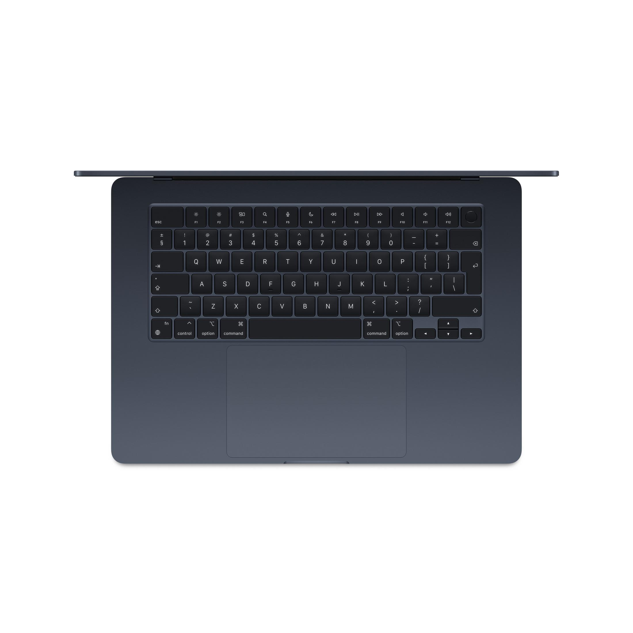 Dunkelblauer Laptop mit Tastatur und Touchpad, von oben gesehen.