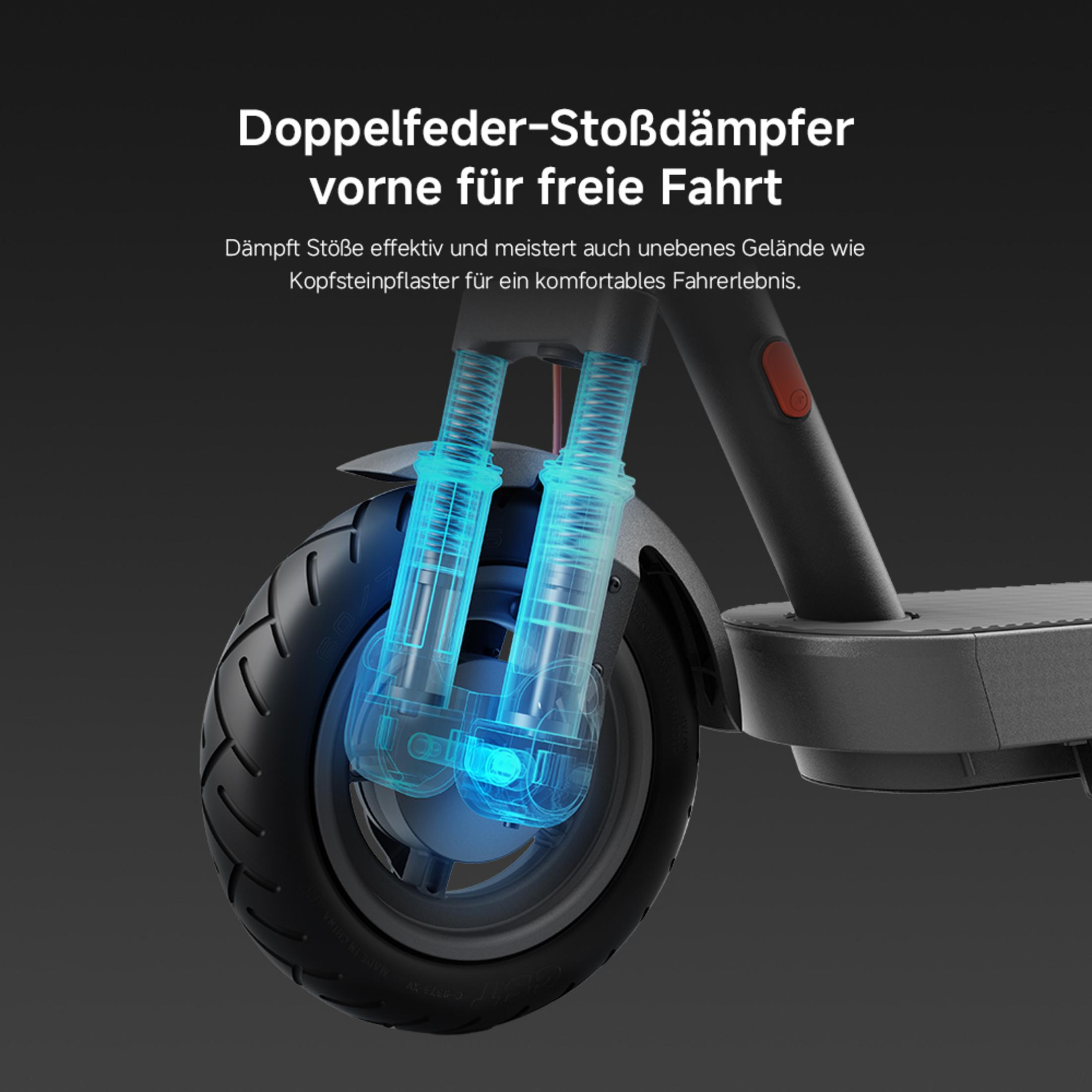 Doppelstoßdämpfer vorne eines Rollers, mit blauem Leuchteffekt.