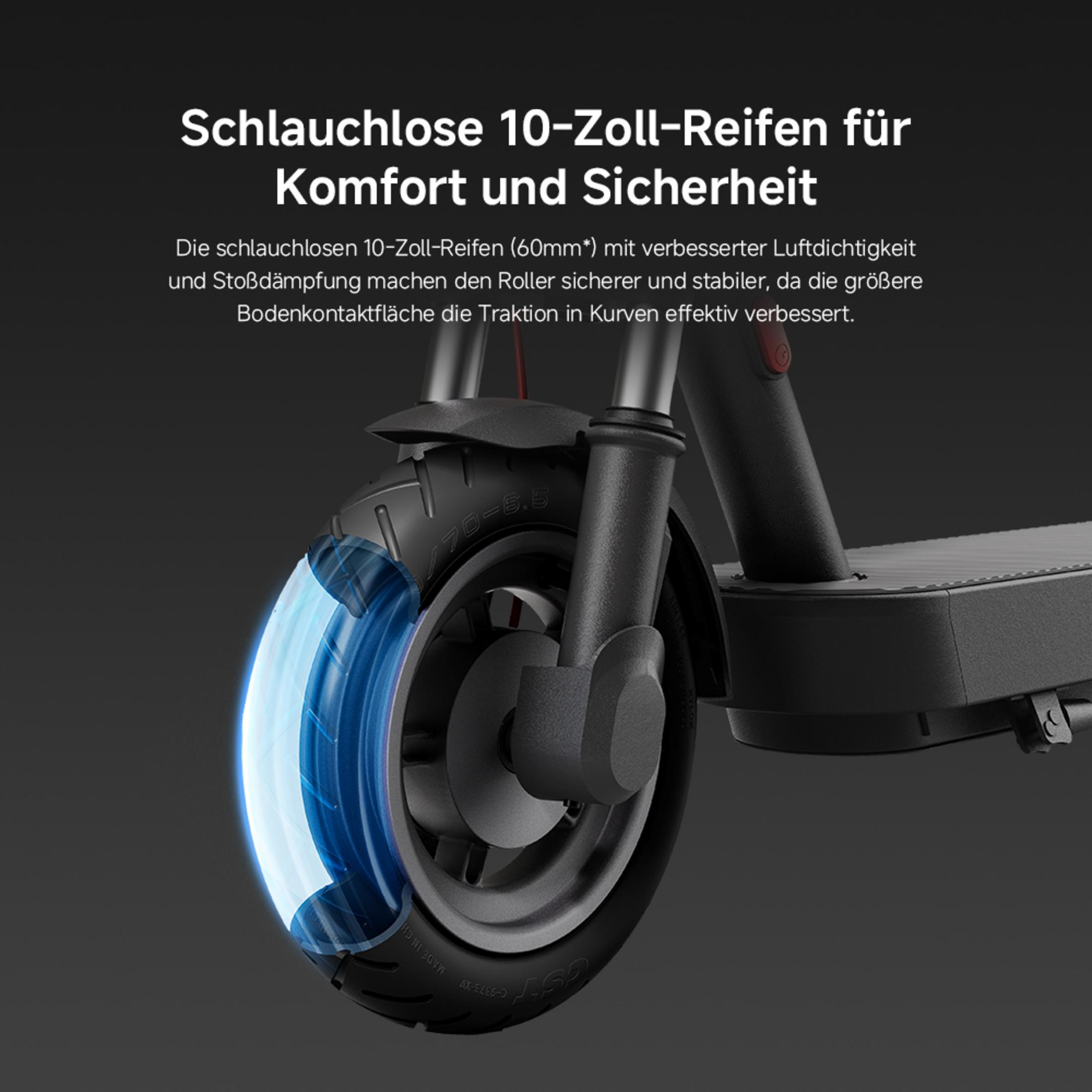 Detailansicht eines schlauchlosen 10-Zoll-Reifens eines Rollers.