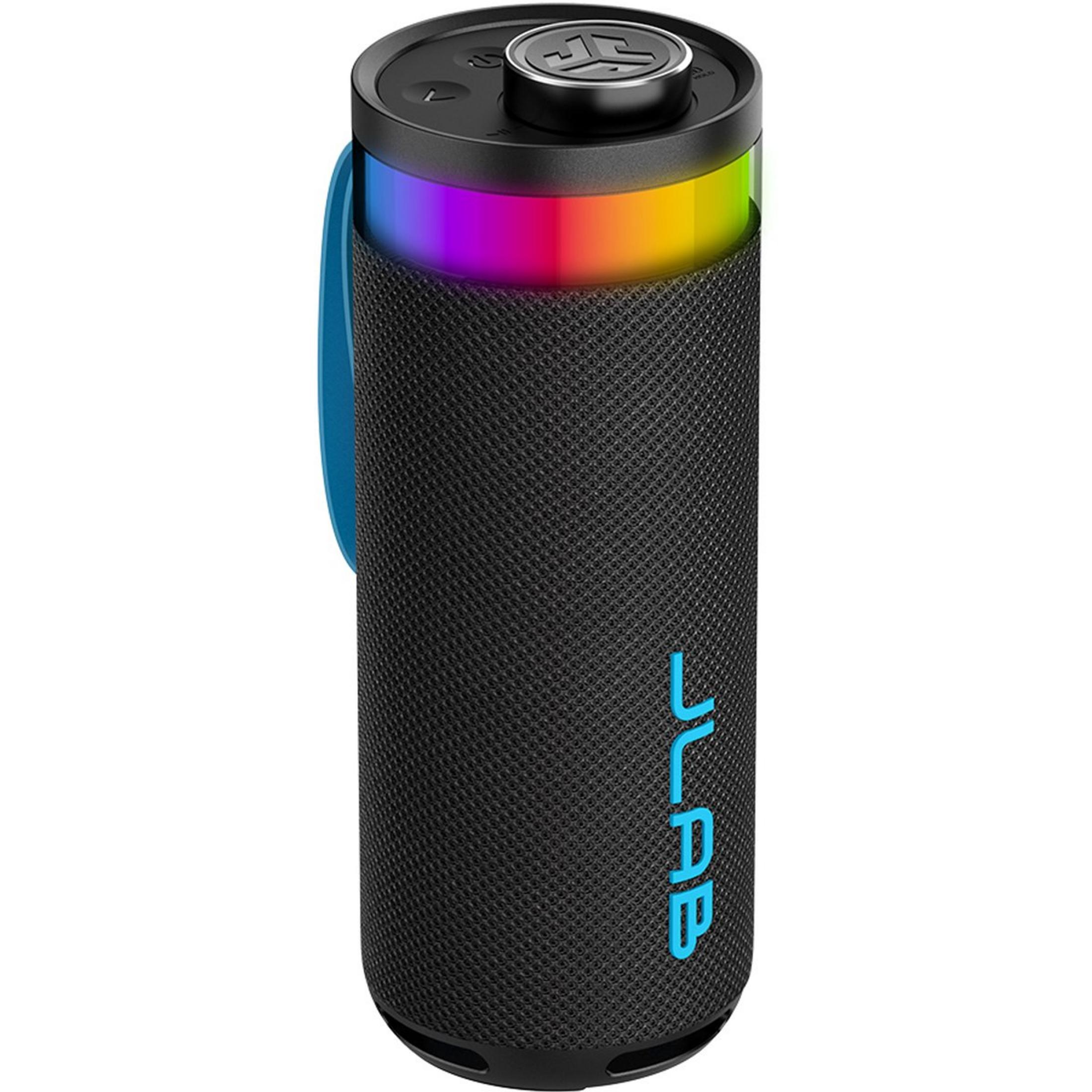 Altoparlante nero con luci LED colorate e cinghia blu.
