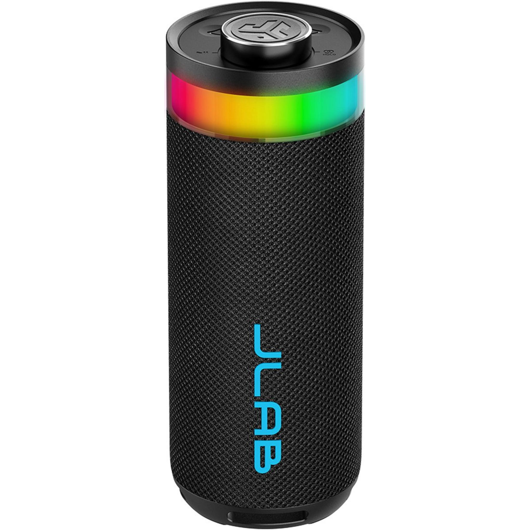 Altoparlante nero con illuminazione LED arcobaleno e logo blu.