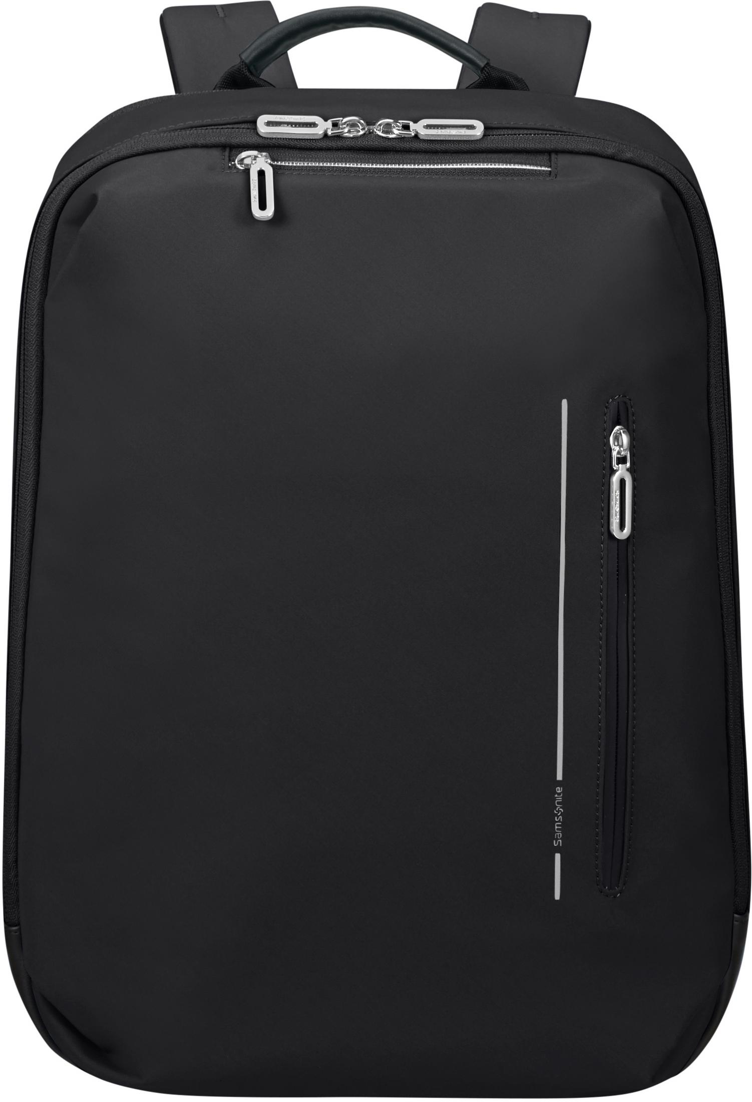 Schwarzer Rucksack mit Reißverschlüssen und reflektierenden Details.