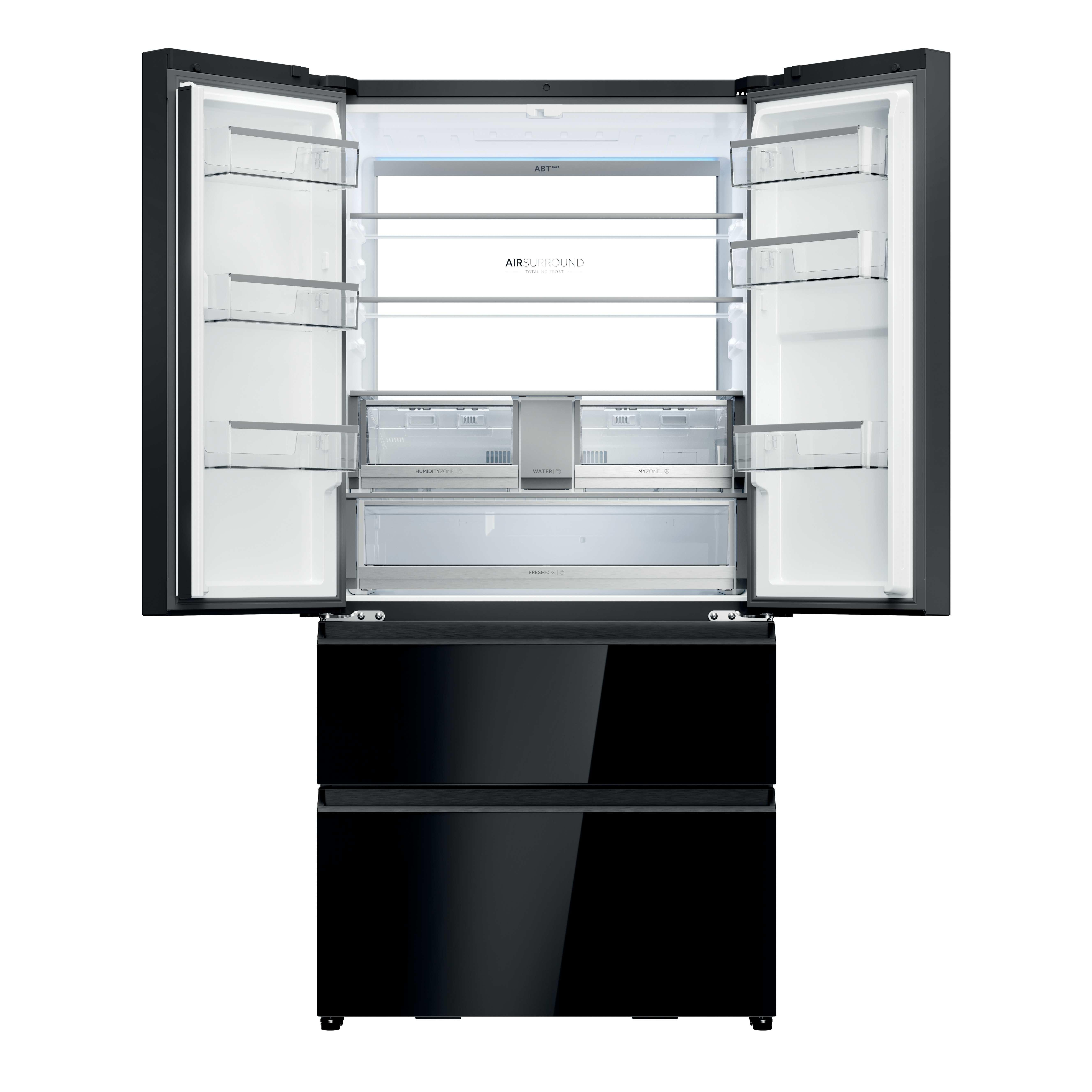 Un refrigerador negro con puertas abiertas, tres cajones abajo.