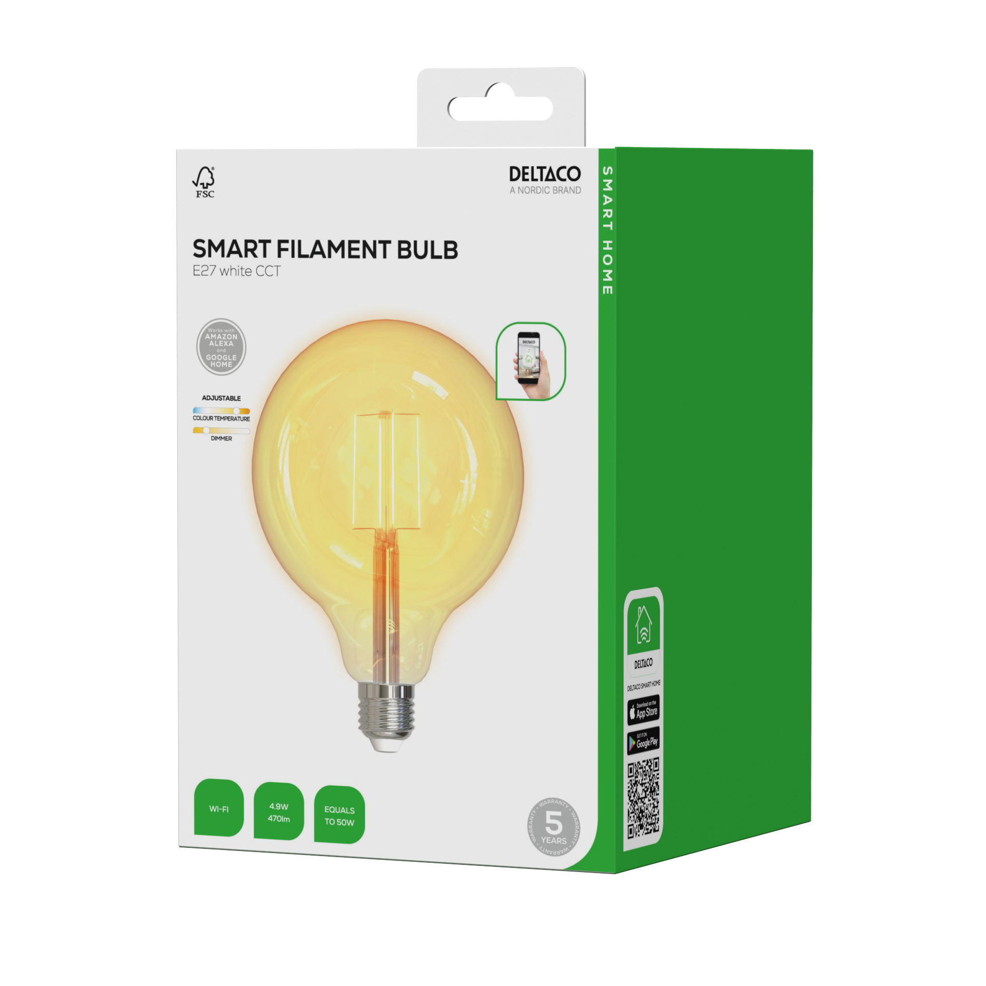 Confezione di una lampadina DELTACO Smart Filament E27, che mostra le caratteristiche.