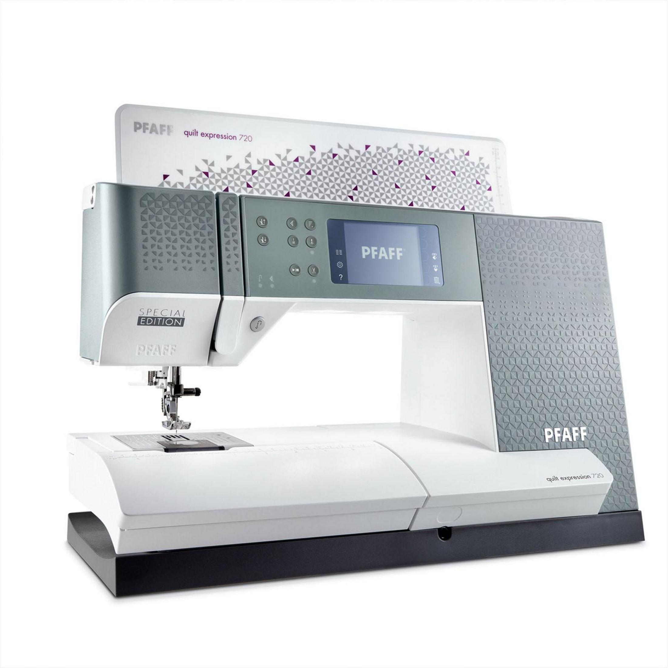 Graue und weiße Nähmaschine mit Touchscreen und Muster.