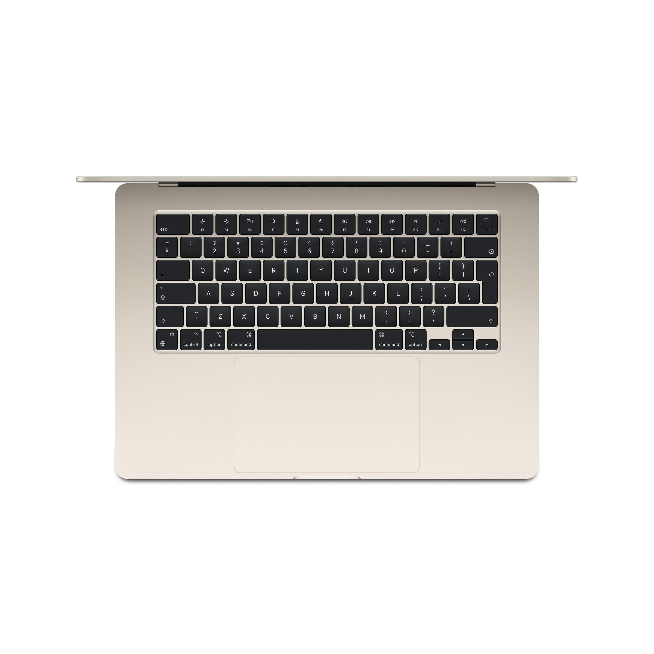 Ein hellgoldener Laptop, von oben gesehen, mit Tastatur und Touchpad.