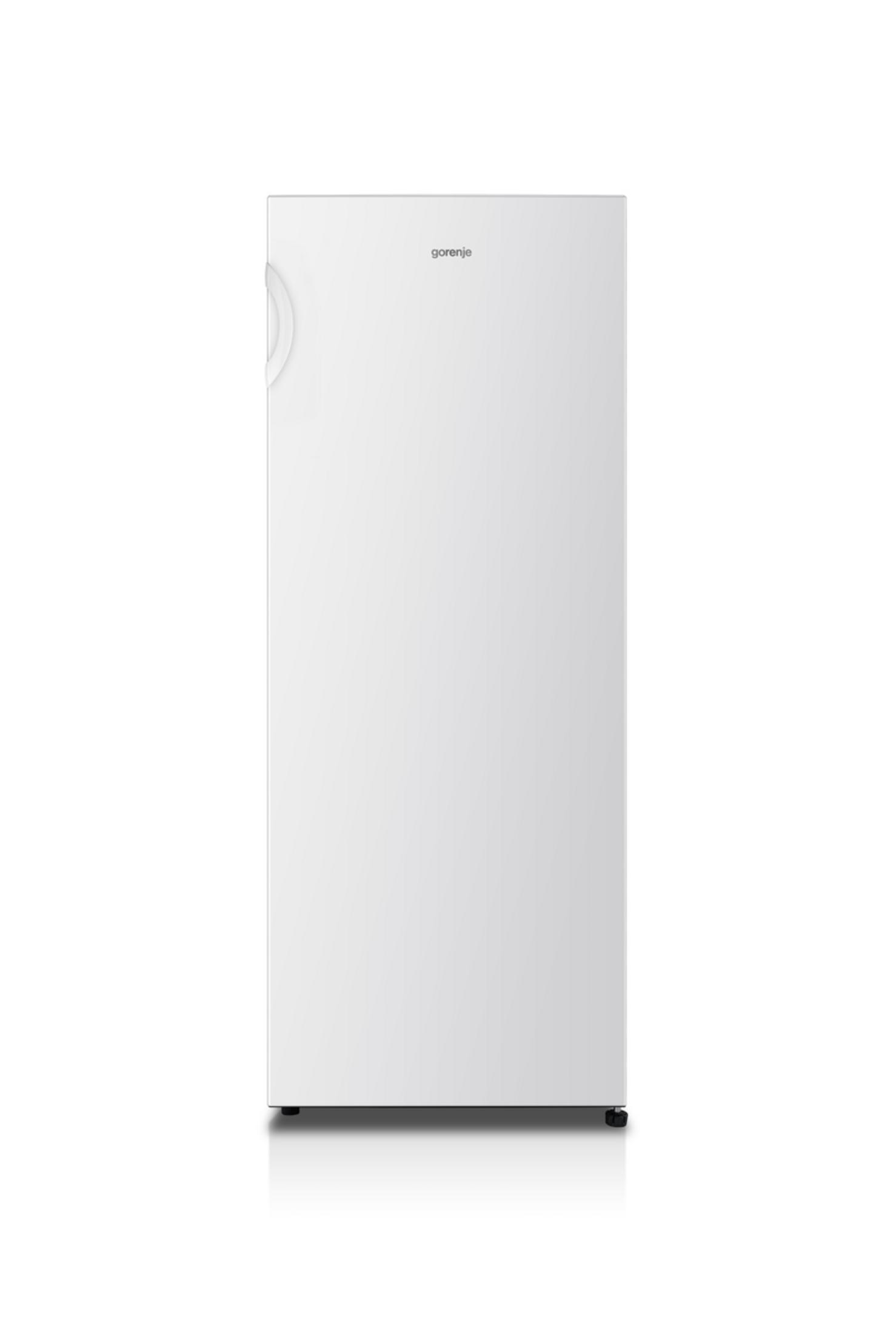 Ein weißer Kühlschrank mit Gorenje-Logo und einem Griff an der linken Seite.