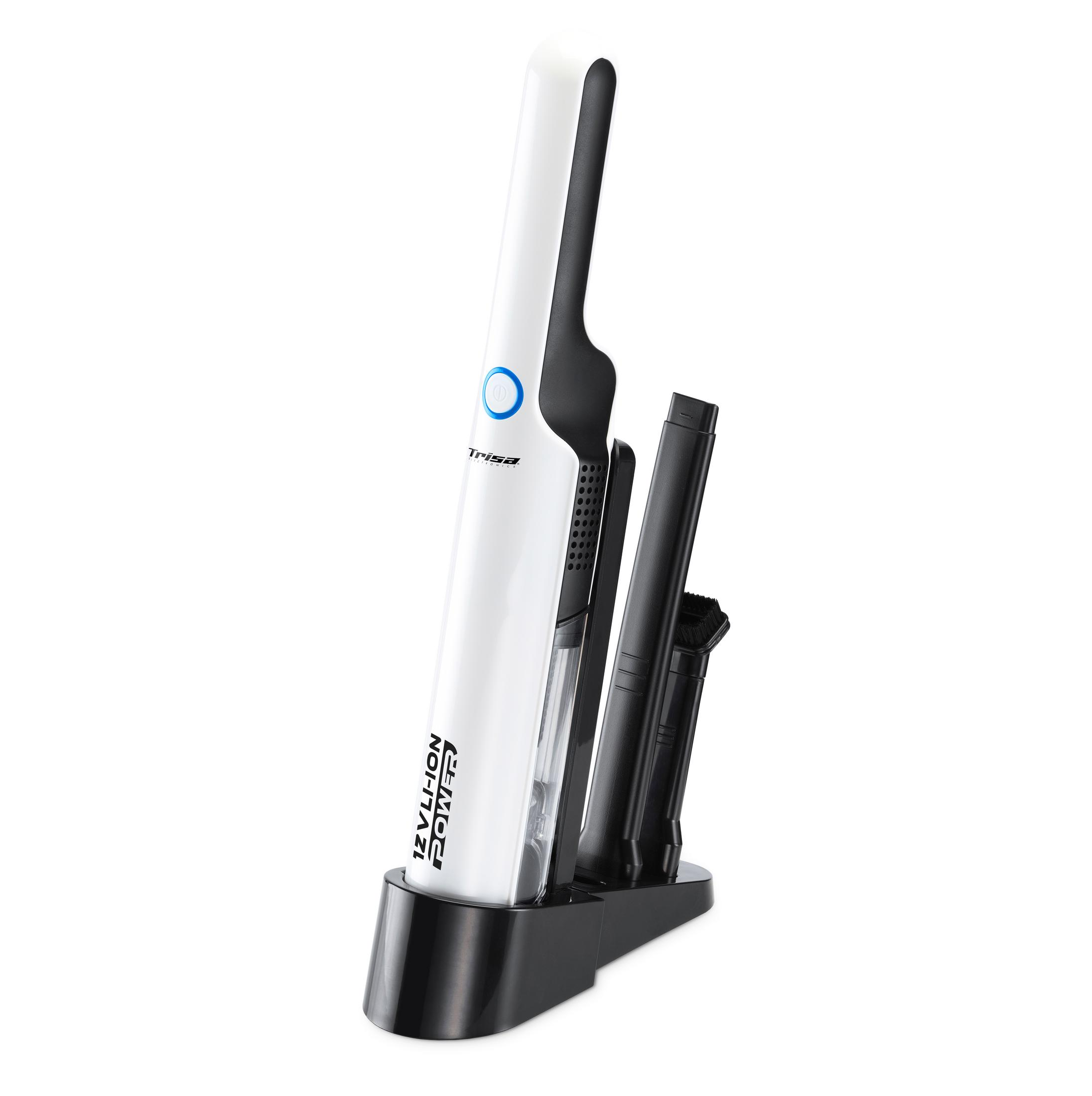 Un aspirapolvere portatile bianco con accenti neri e base di ricarica.