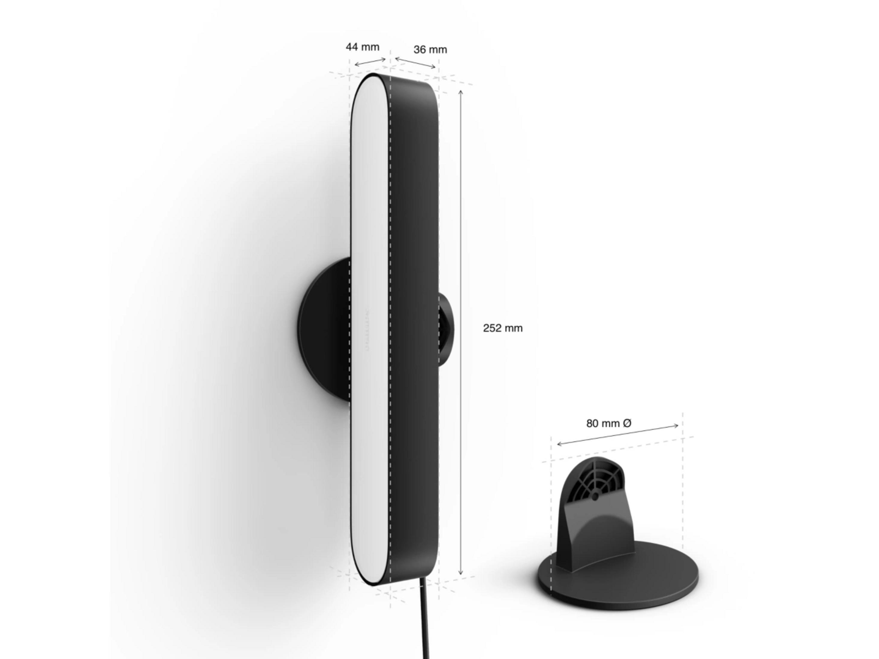Schwarzer, schlanker Lichtbalken mit Maßen und einem runden Ständer.