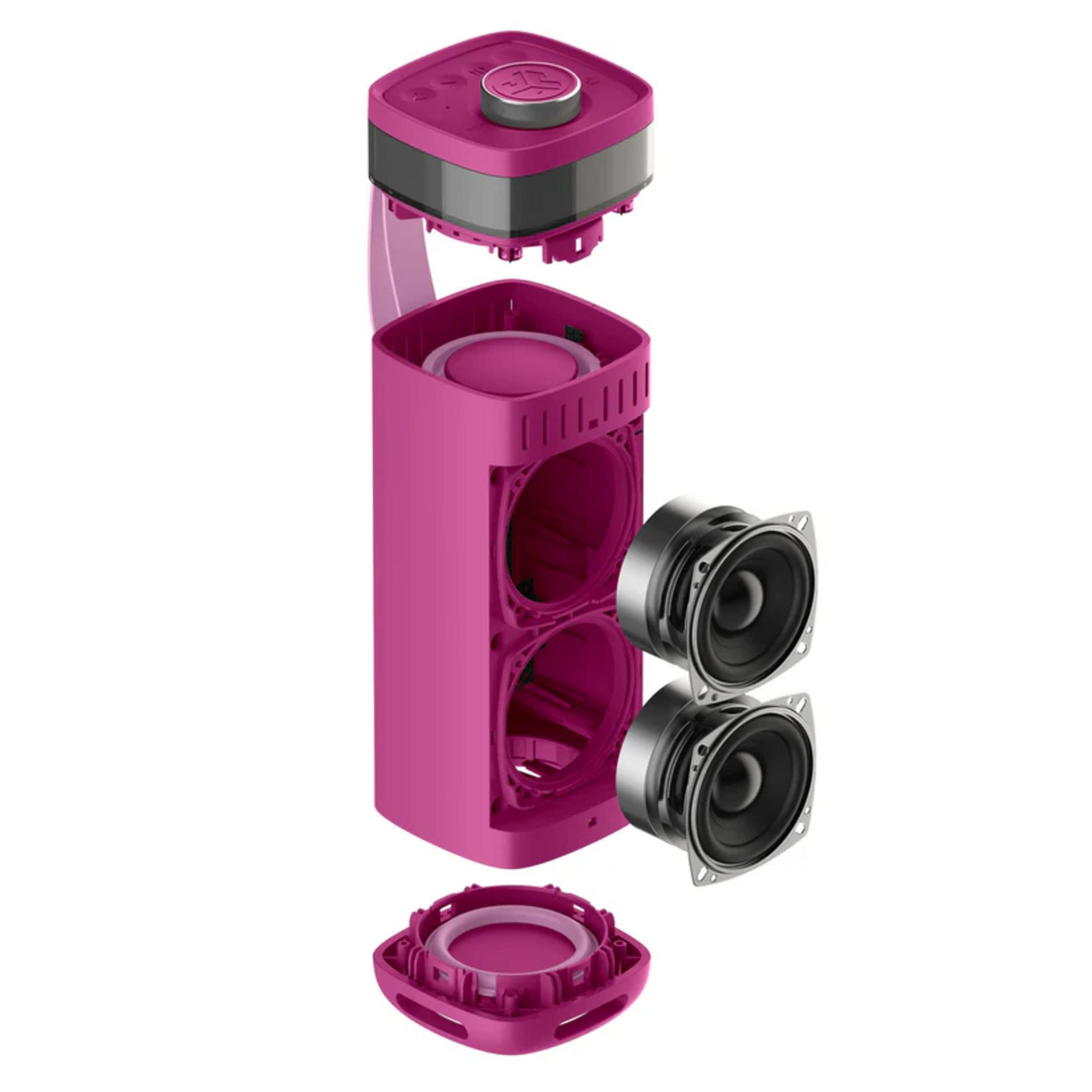 Vue éclatée d'une enceinte rose avec pièces détachables et deux unités de haut-parleurs.