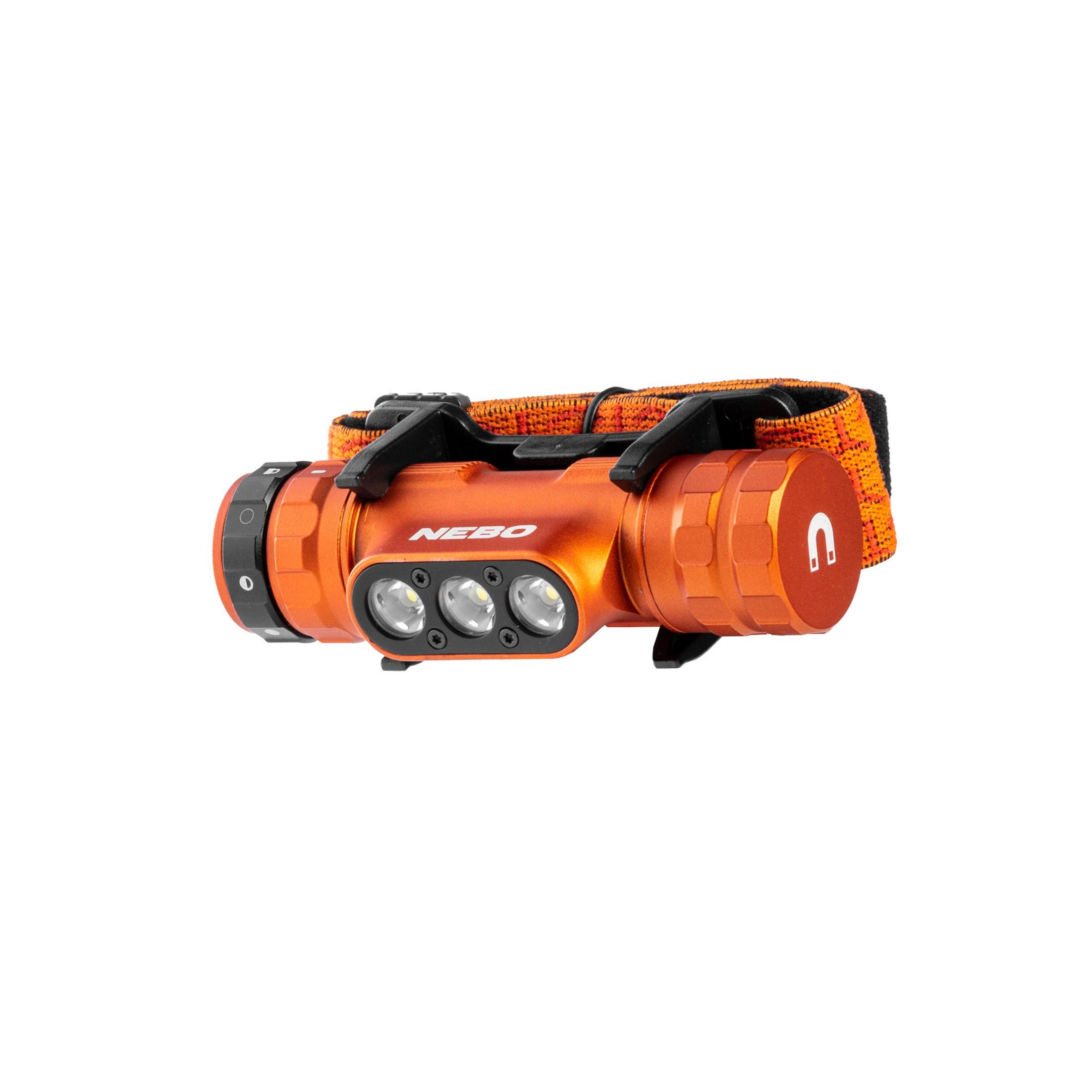 Orange Stirnlampe mit schwarzem Band und drei LEDs.