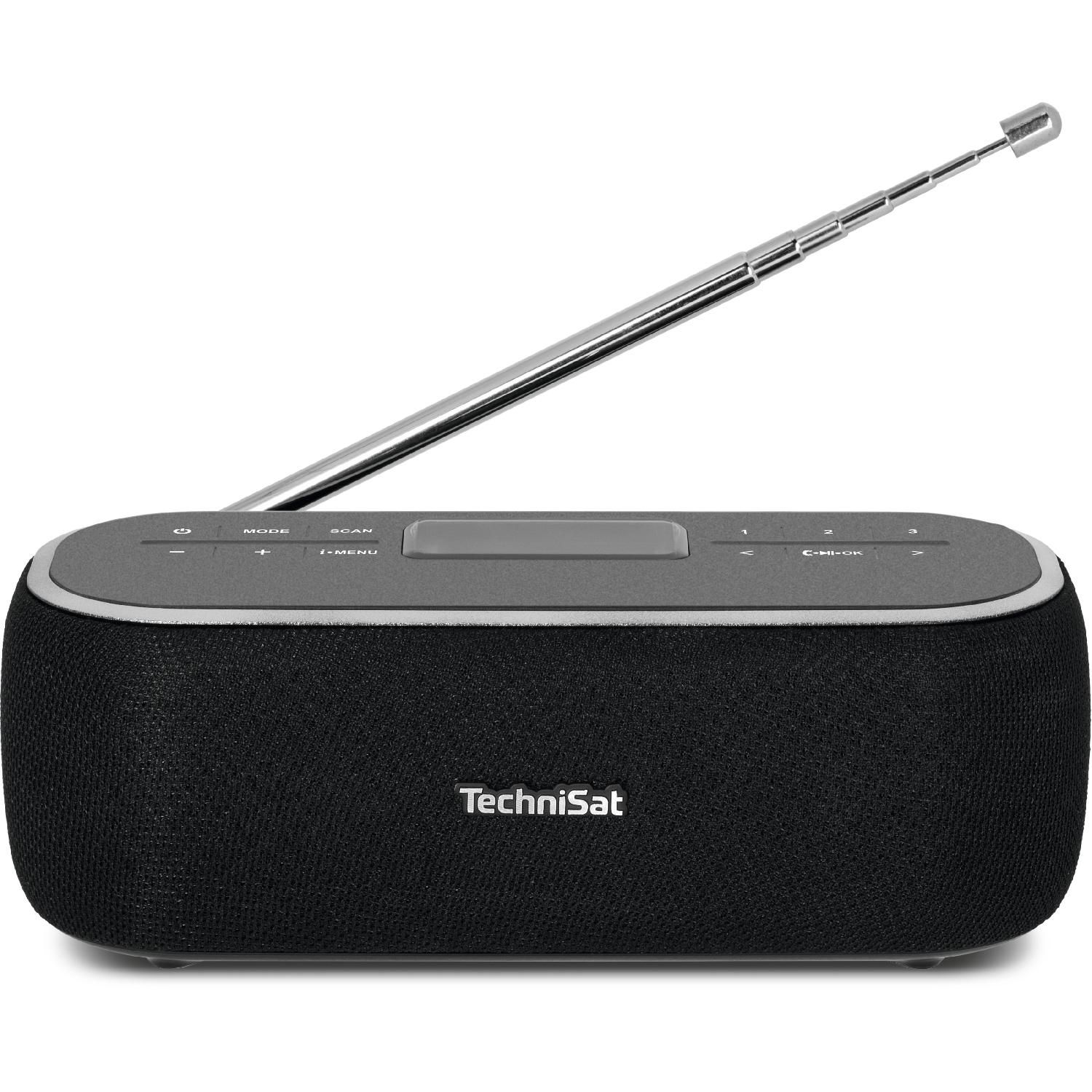 Schwarzer TechniSat Radio-Lautsprecher mit ausziehbarer Antenne und Bedienelementen.