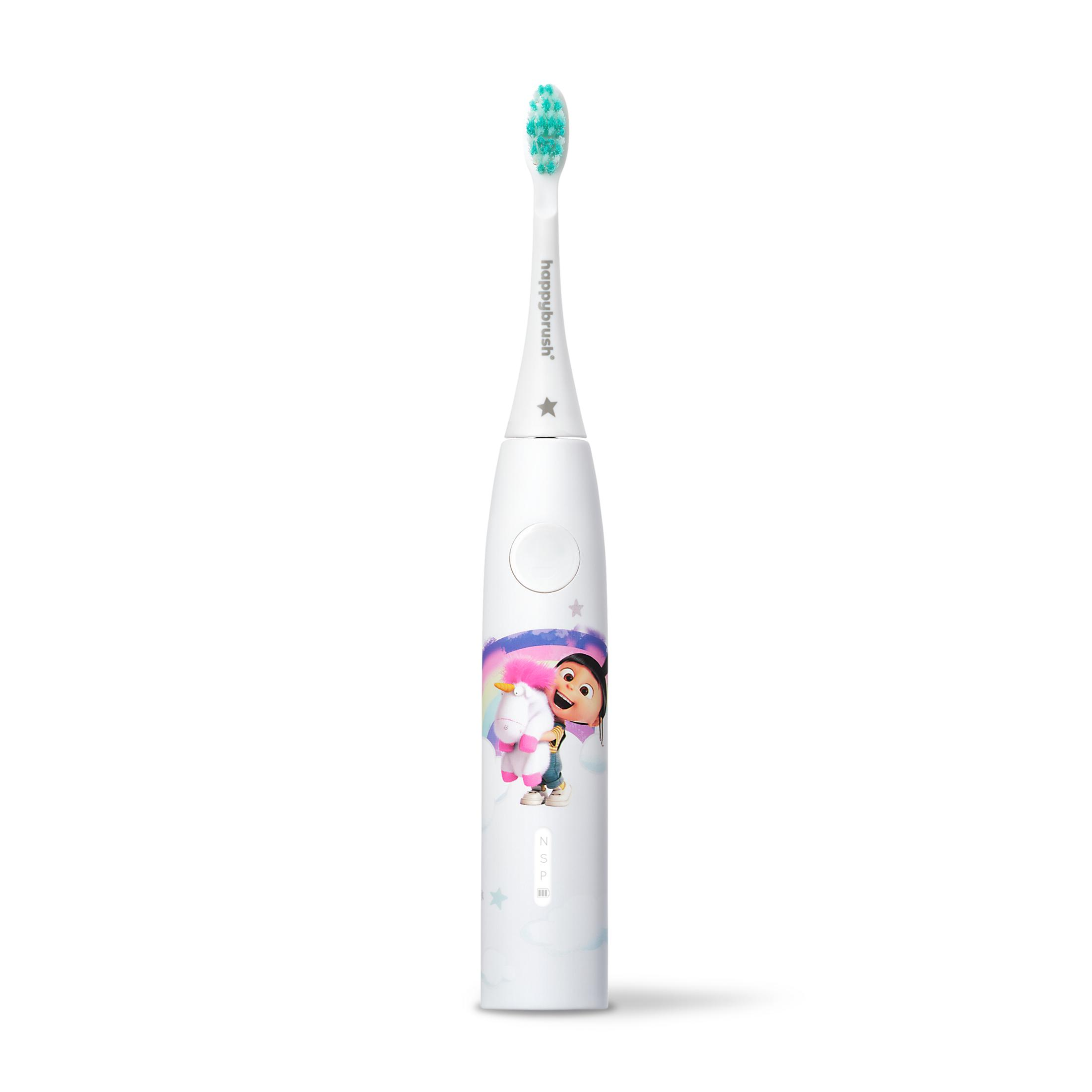 Uno spazzolino elettrico bianco con grafica Minion e setole turchesi.