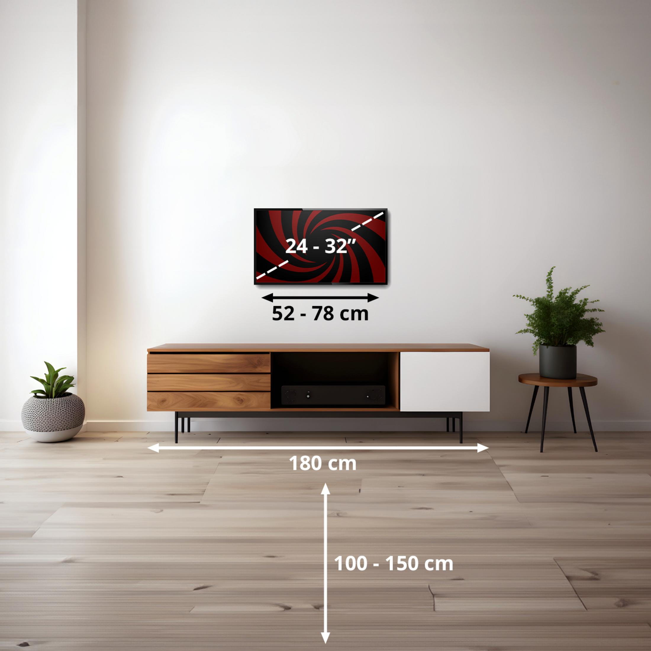 Un meuble TV avec une télévision de 24-32 pouces montée au-dessus. Les dimensions sont indiquées.