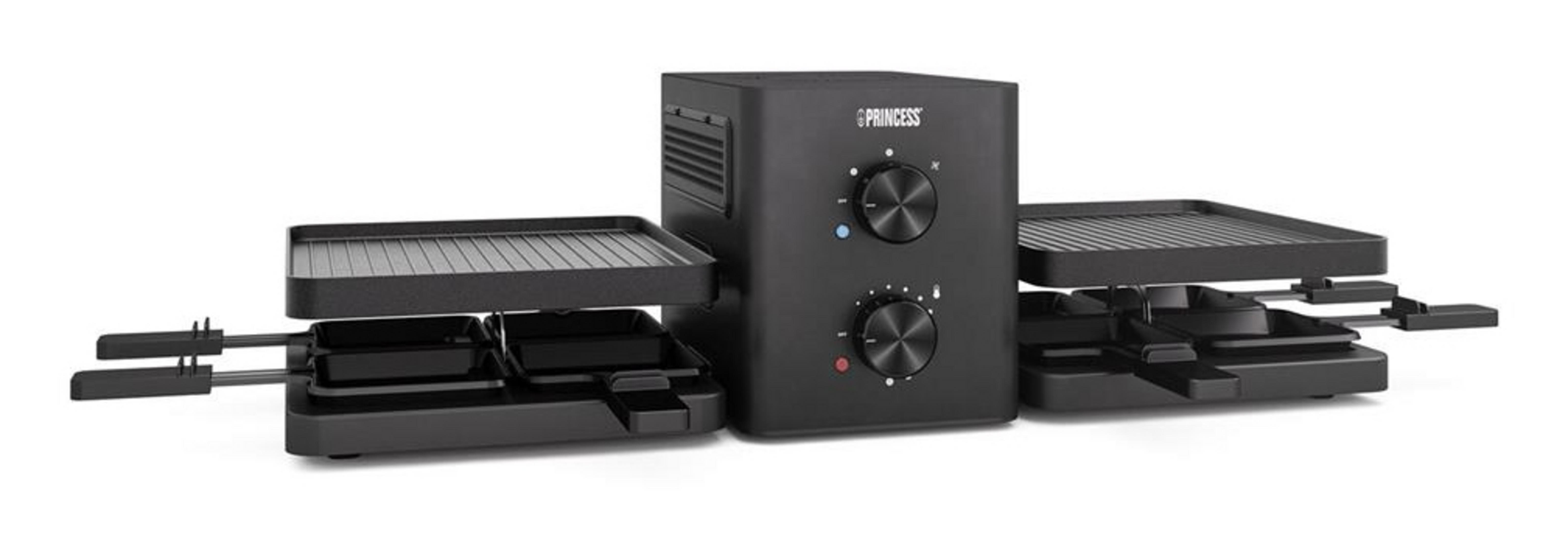 Ein schwarzer Raclette-Grill mit zwei Grillplatten und Schubladen.