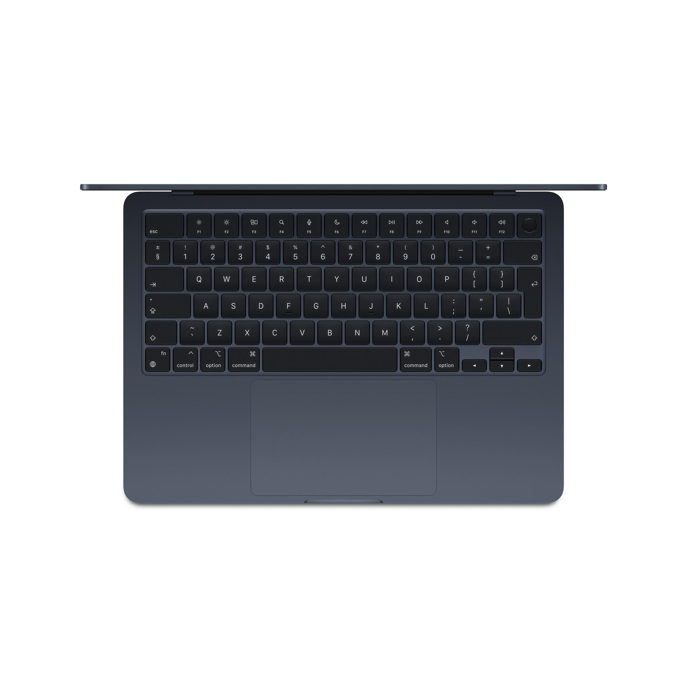 Dunkelblauer Laptop offen, Tastatur und Touchpad sichtbar.
