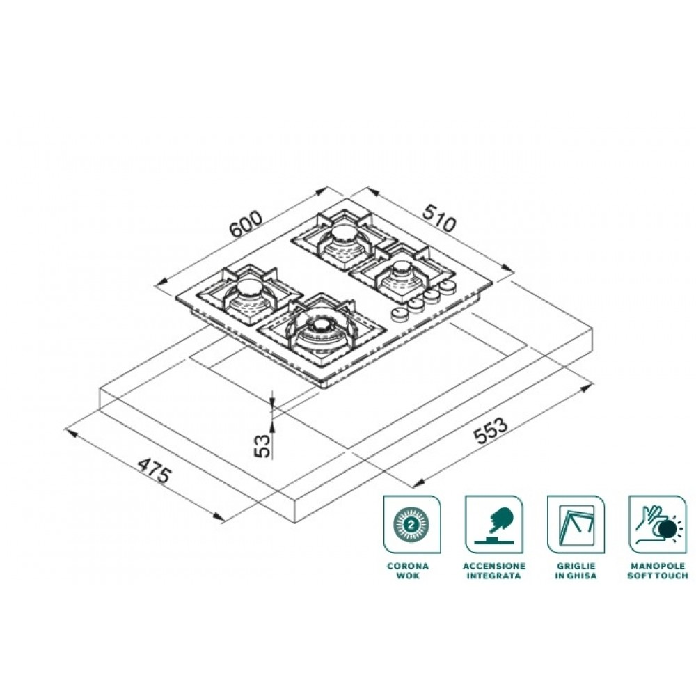 Disegno tecnico di un piano cottura a gas 4 fuochi con dimensioni.