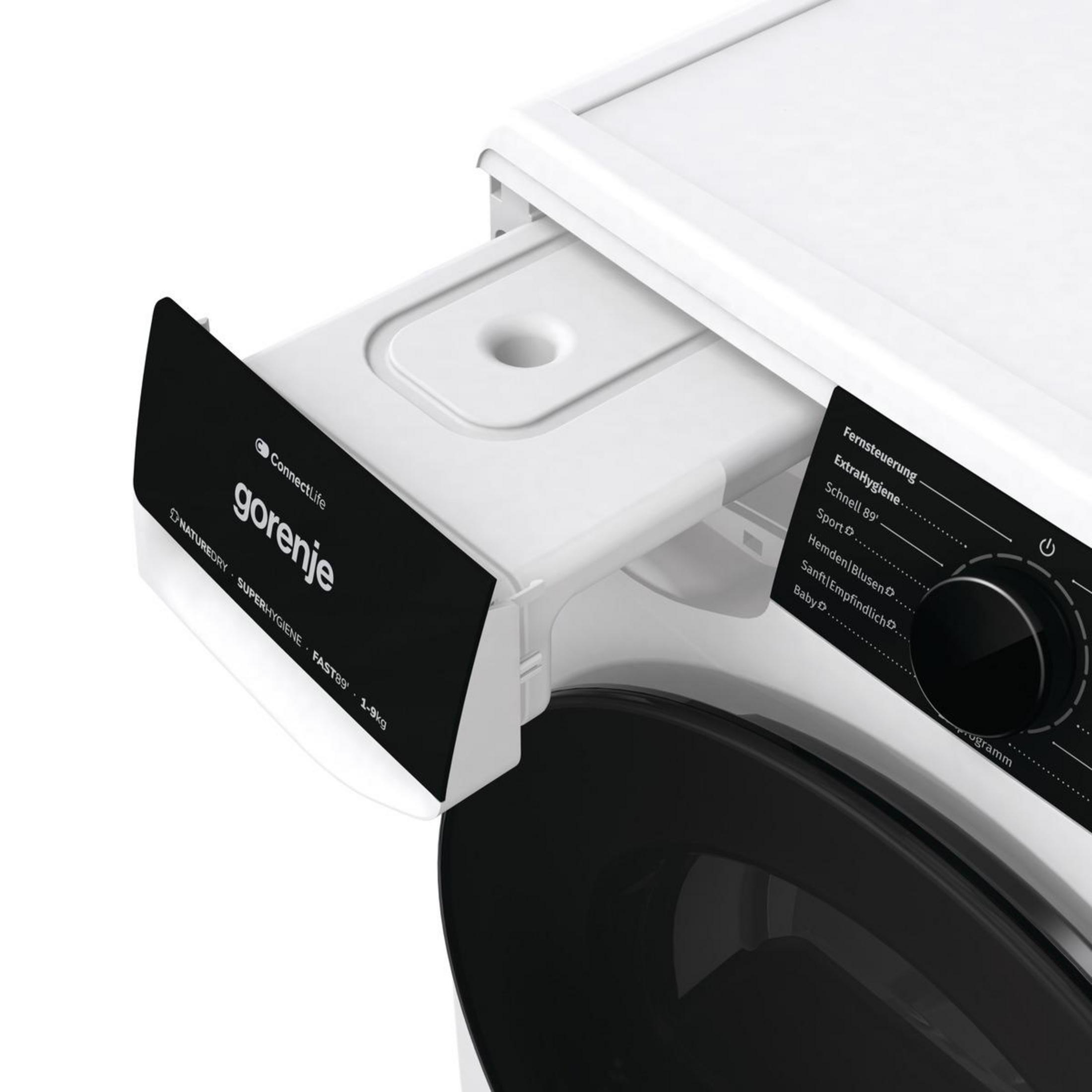 Eine weiße Gorenje Waschmaschine mit schwarzem Bedienfeld und Schublade.