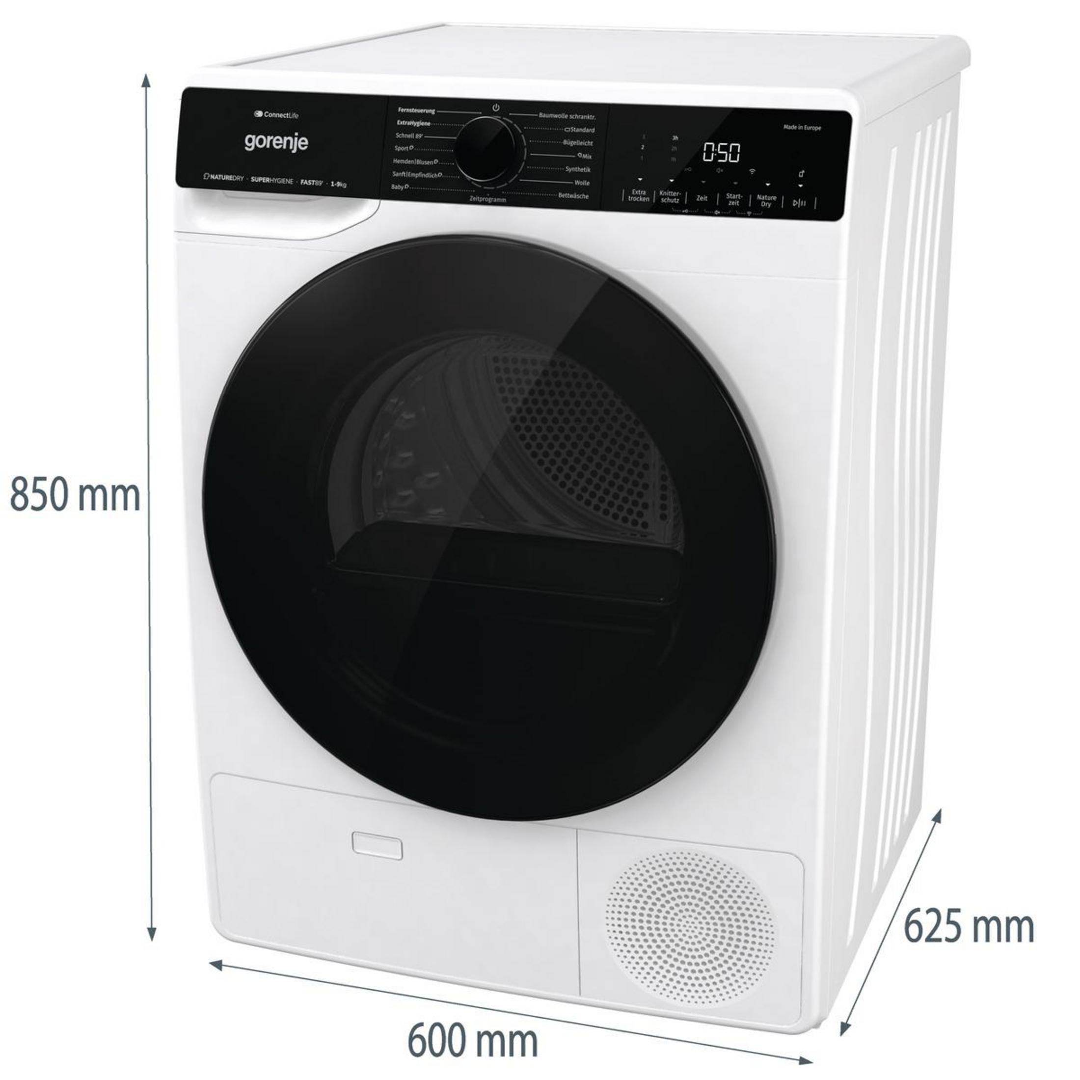 Weiße Gorenje Wäschetrockner mit schwarzer Tür und Bedienfeld. Maße: 85x60x62.5cm.