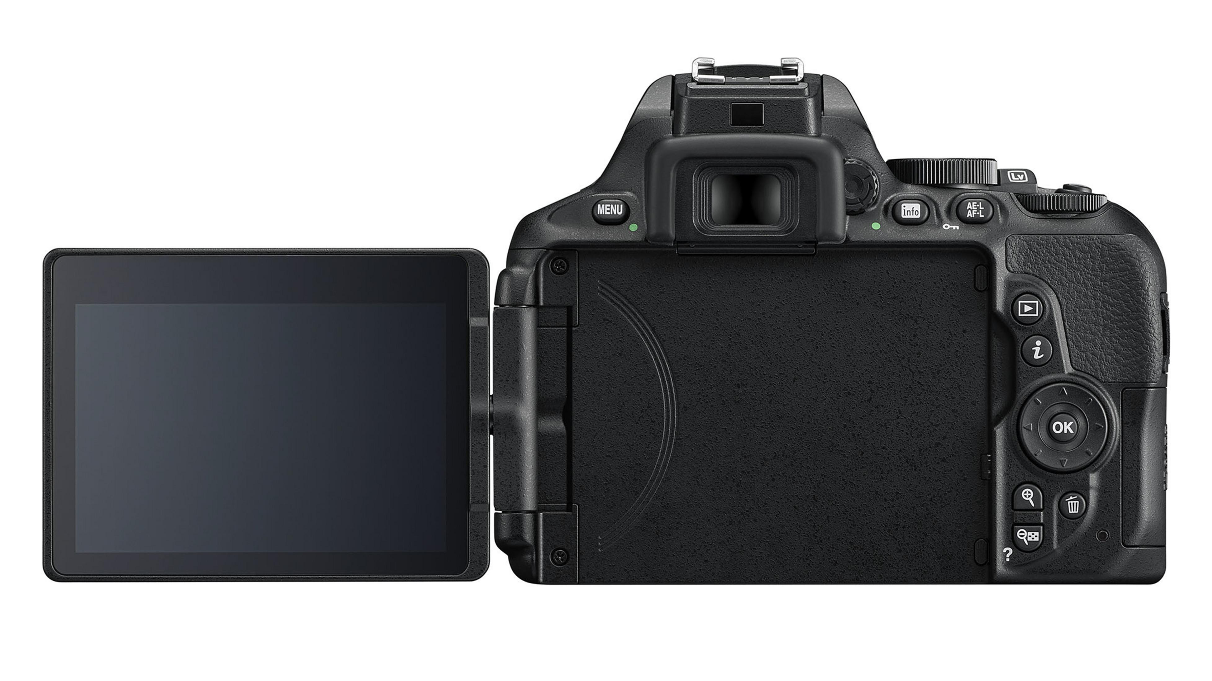 Vista posteriore di una fotocamera digitale nera con schermo orientabile e controlli.