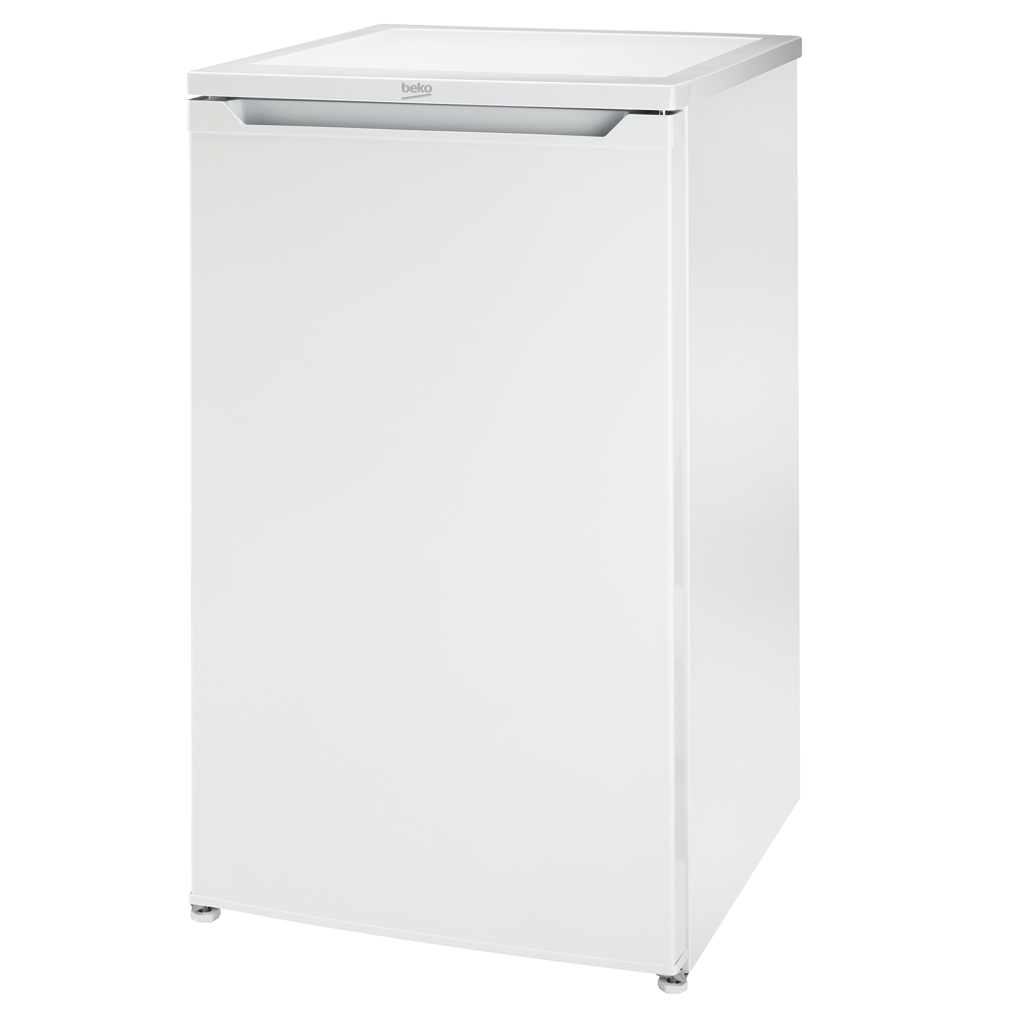 Biała lodówka Beko stoi na białym tle ze srebrnymi nóżkami.