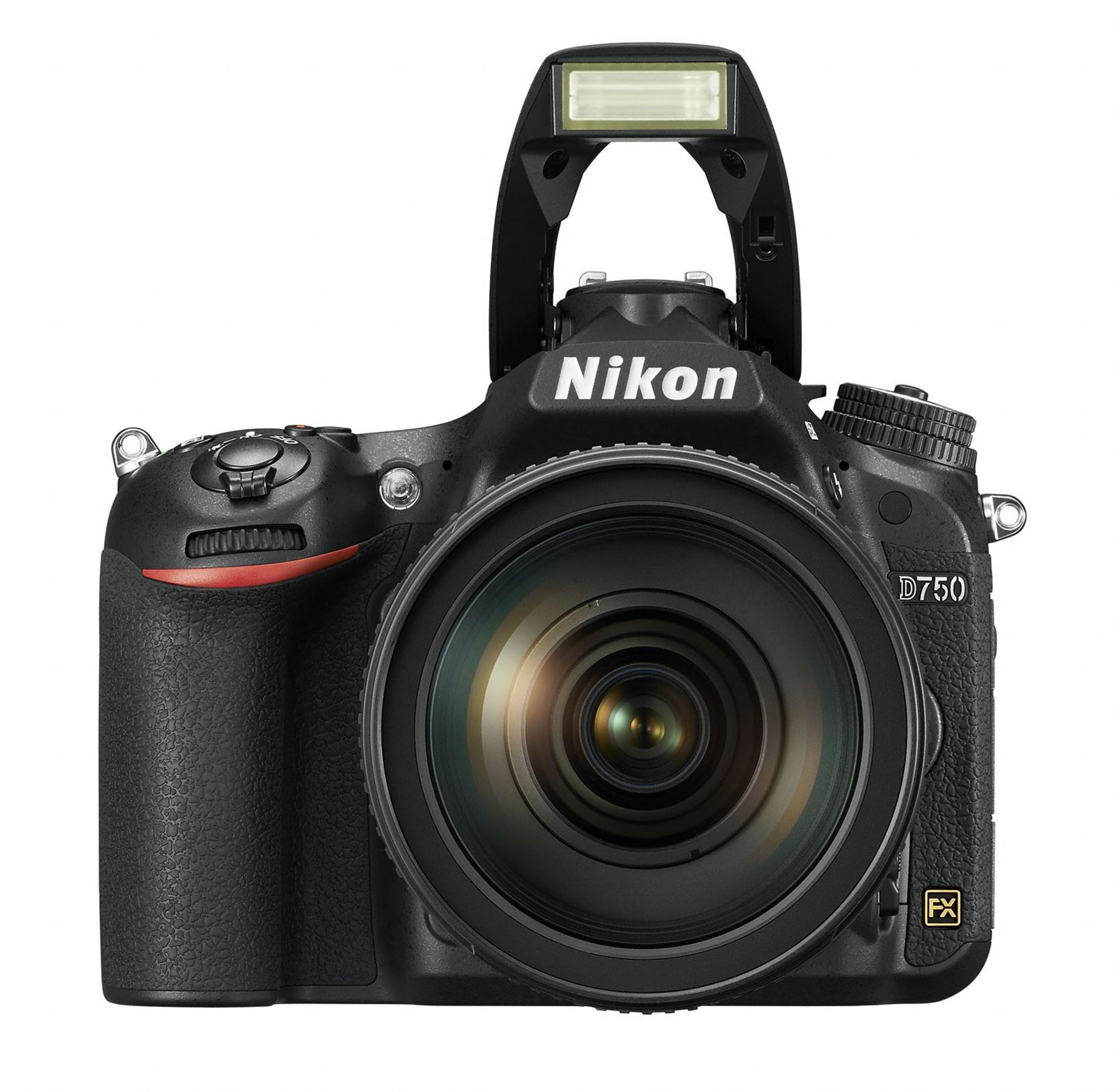 Schwarze Nikon D750 Kamera mit aufklappbarem Blitz und großem Objektiv.