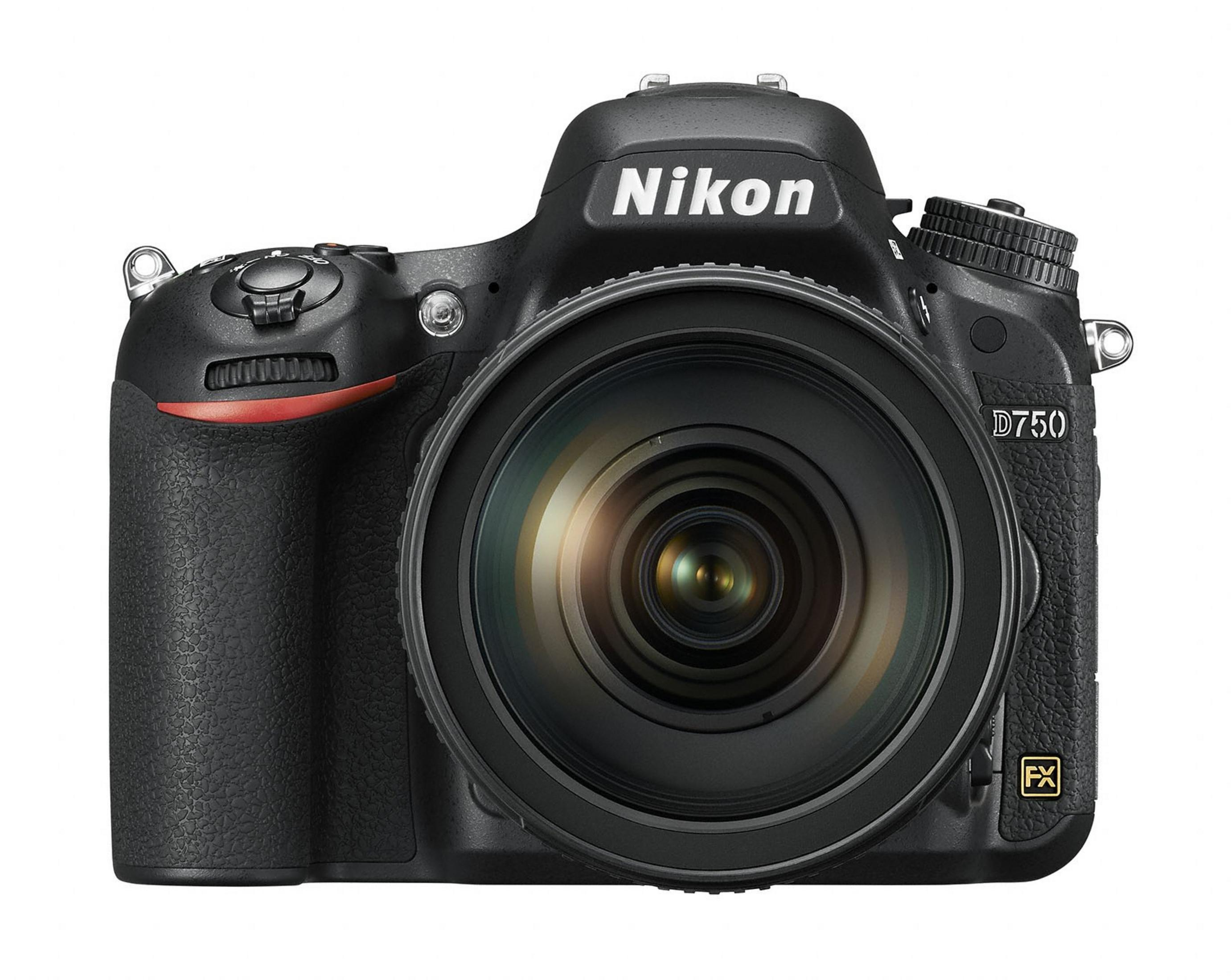 Eine schwarze Nikon D750 Kamera mit einem Objektiv, isoliert auf weißem Hintergrund.