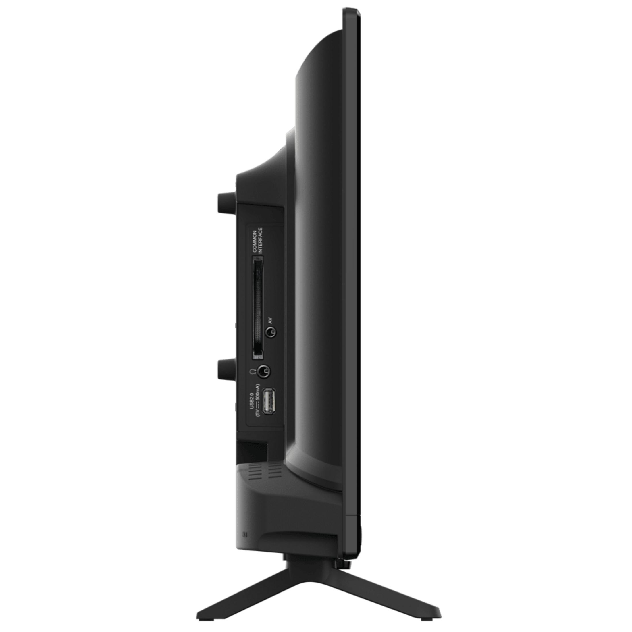 Seitenansicht eines schwarzen Fernsehers mit Anschlüssen und Ständer.