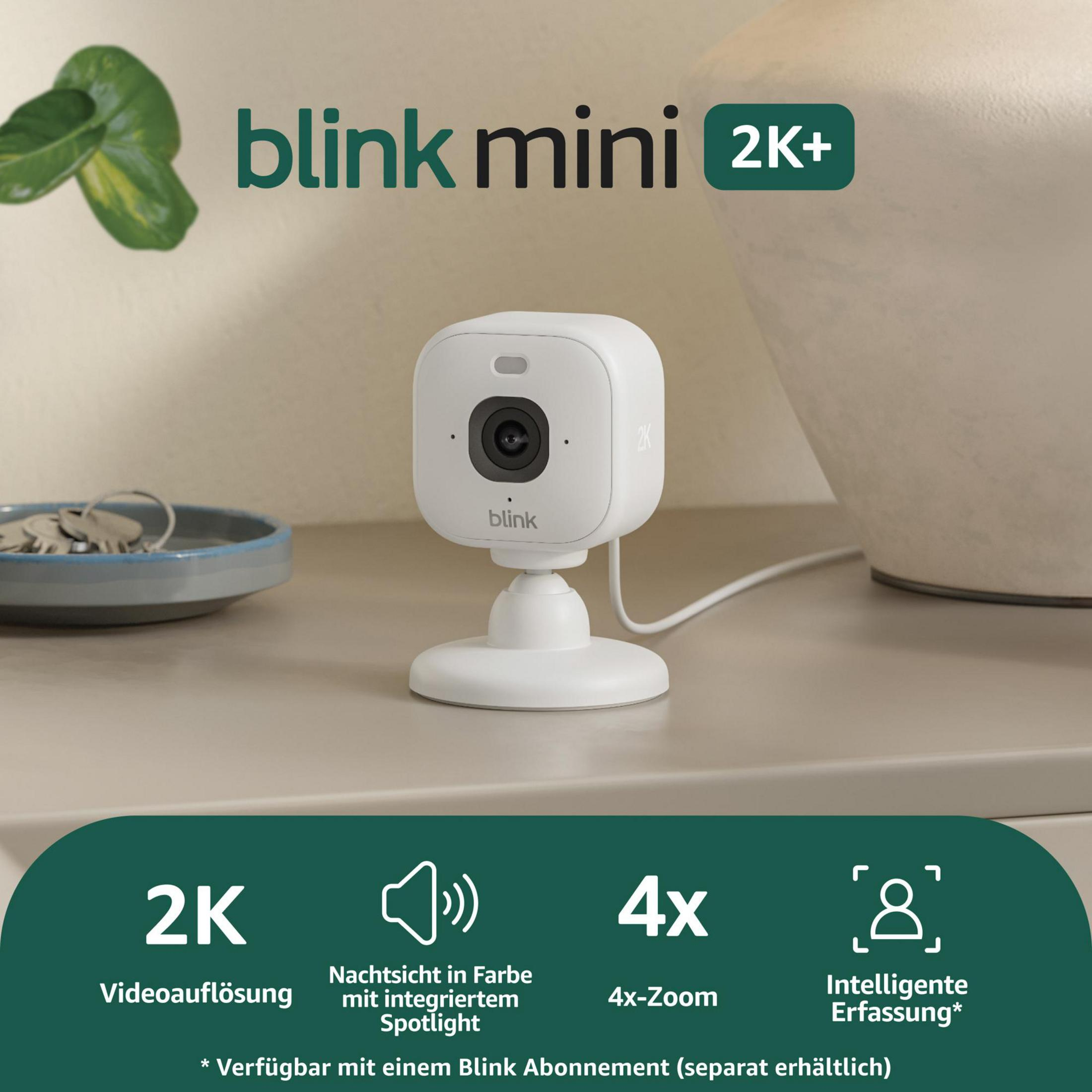 Blink Mini 2K+ Kamera mit 2K Video, Farbnachtsicht, 4x Zoom und intelligenter Erfassung.