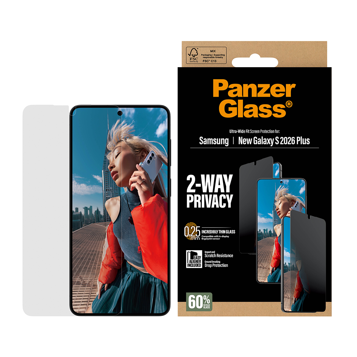 Protezione schermo Panzer Glass per Samsung S2026 Plus con pellicola privacy.
