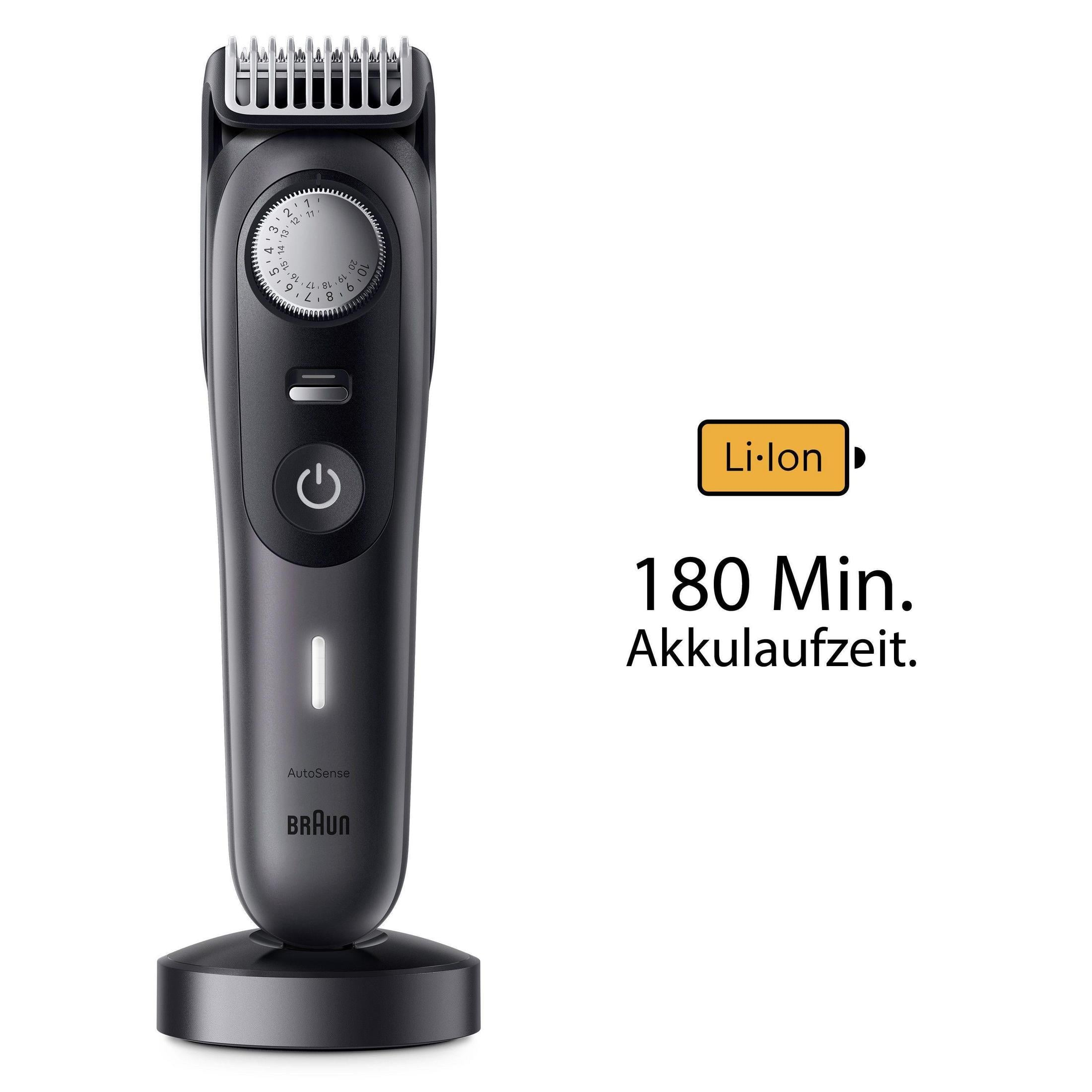 Ein schwarzer Braun Bartschneider mit Lade-Dock und Akku-Anzeige.