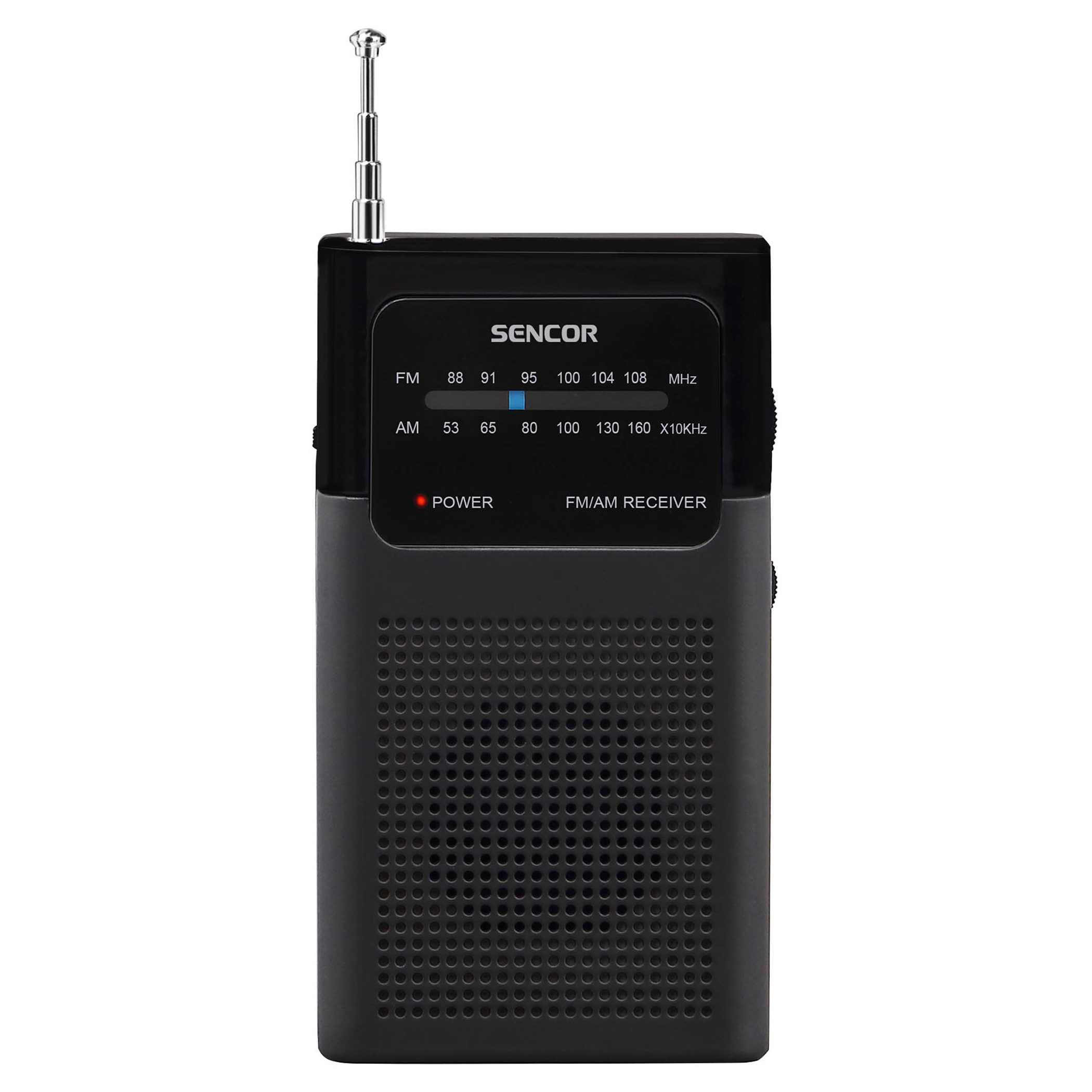 Una radio SENCOR FM/AM nera con antenna estensibile e griglia dell'altoparlante.
