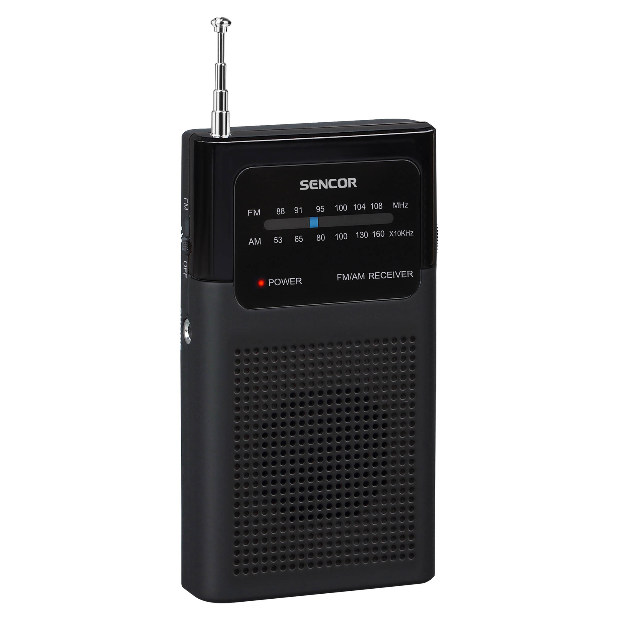 Una radio portatile Sencor FM/AM nera con antenna estesa.