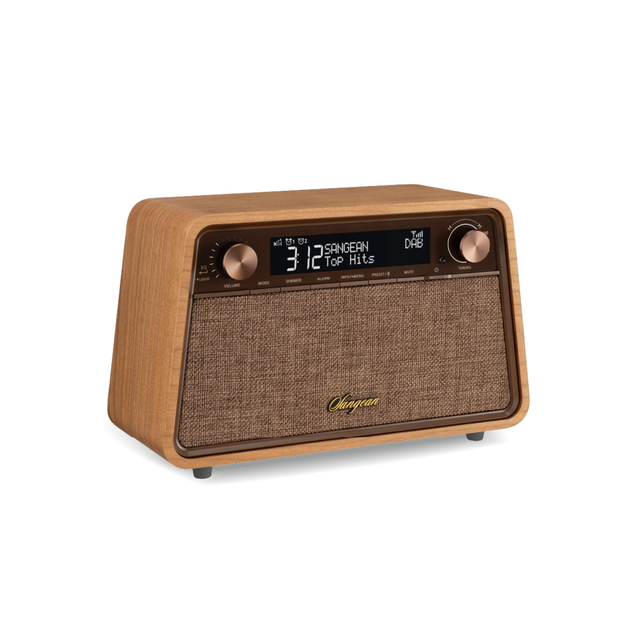 Ein Holzradio mit braunem Stoffgitter und digitaler Anzeige, die 3:12 anzeigt.