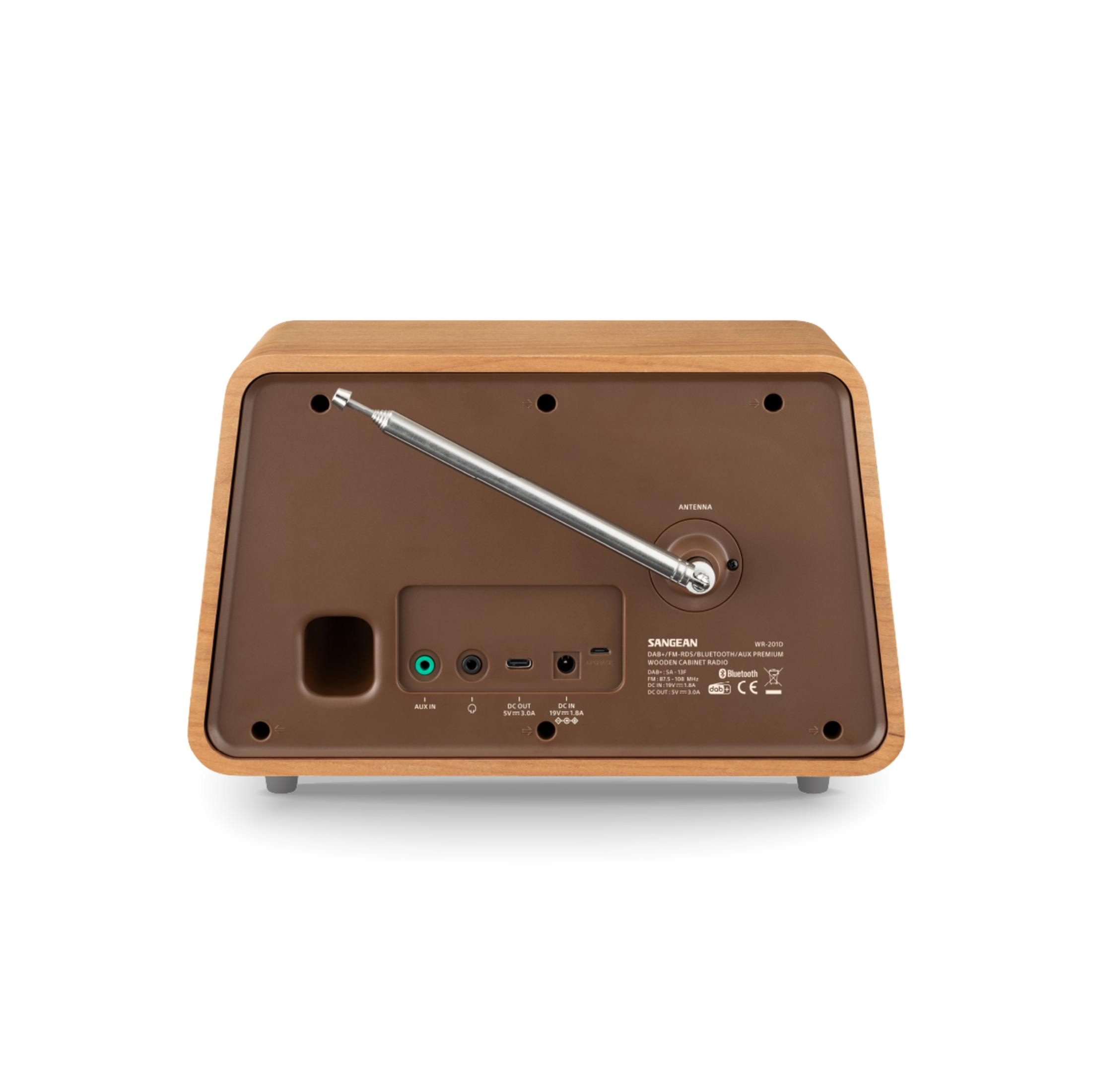 Rückseite eines Holzradios mit Antenne, Anschlüssen und Beschriftung.