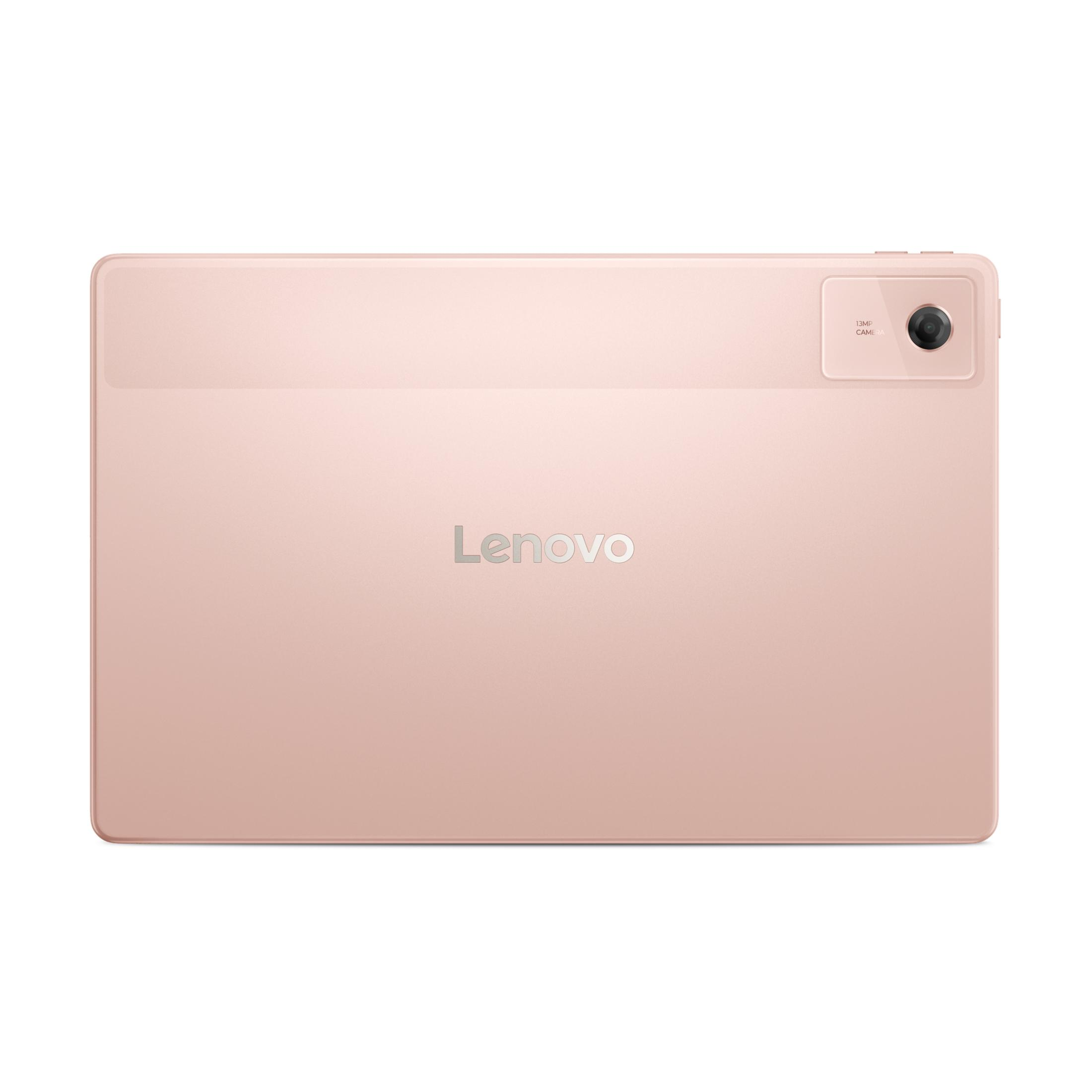 Rückseite eines rosafarbenen Lenovo Tablets mit 13MP-Kamera und Lenovo-Logo.