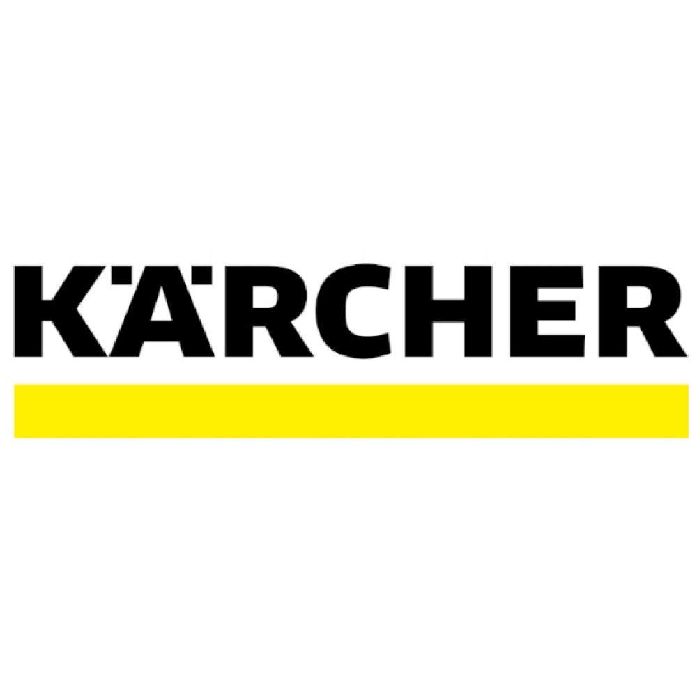 Logo Kärcher: Czarny tekst na białym tle z żółtym paskiem.
