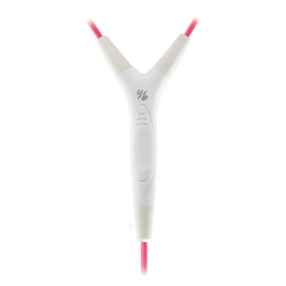 Een wit Y-vormig apparaat met roze kabels.
